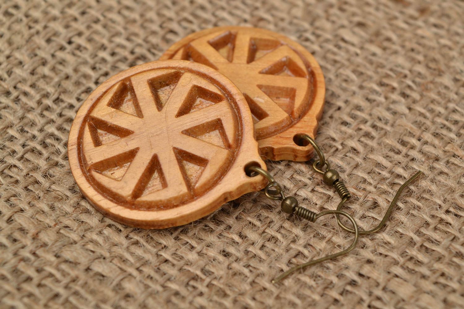 Wooden round handmade ethnic earrings with Cross of Lada the Virgin  photo 1