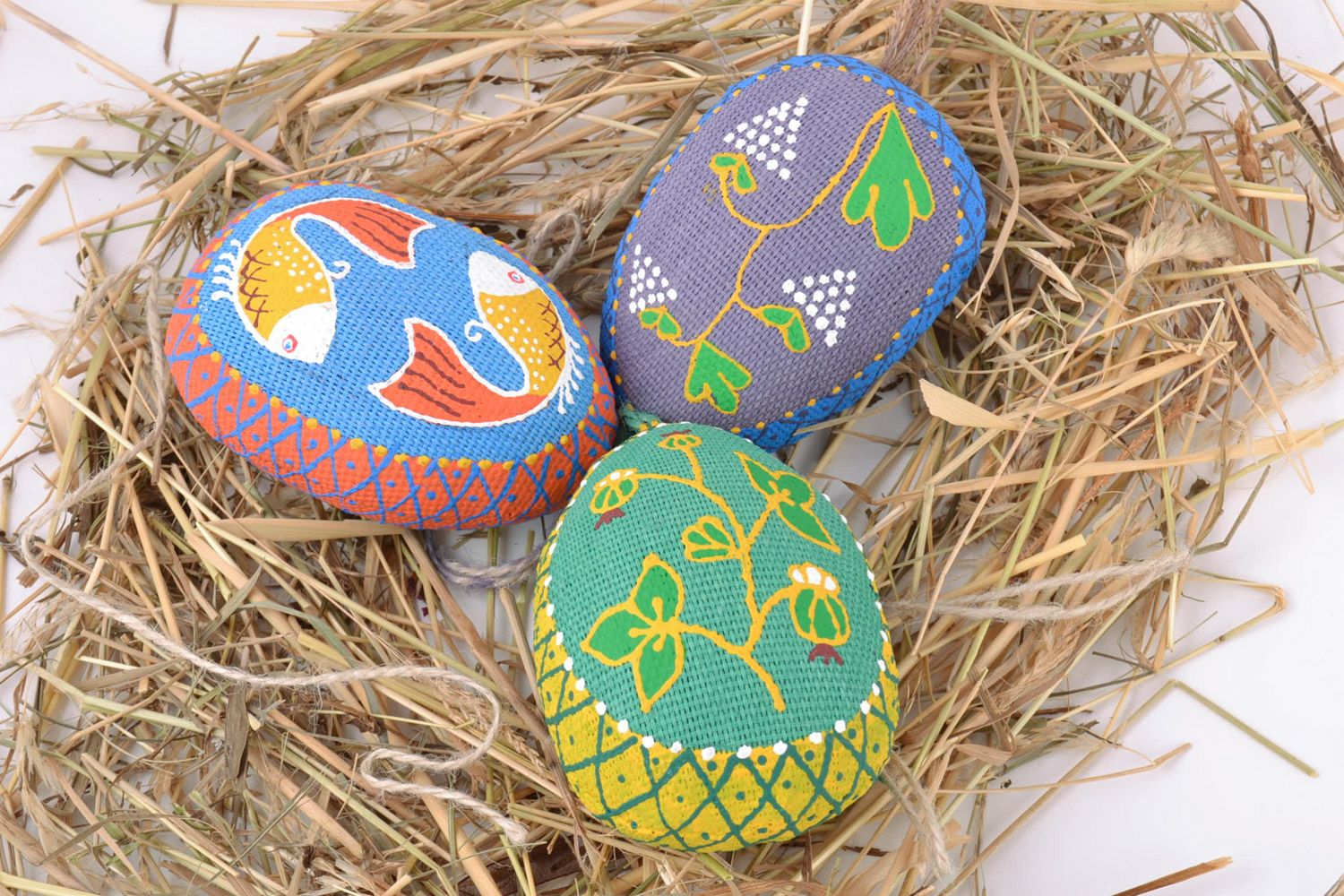 Set of 3 handmade decorative Easter eggs sewn of fabric painted with acrylics photo 1