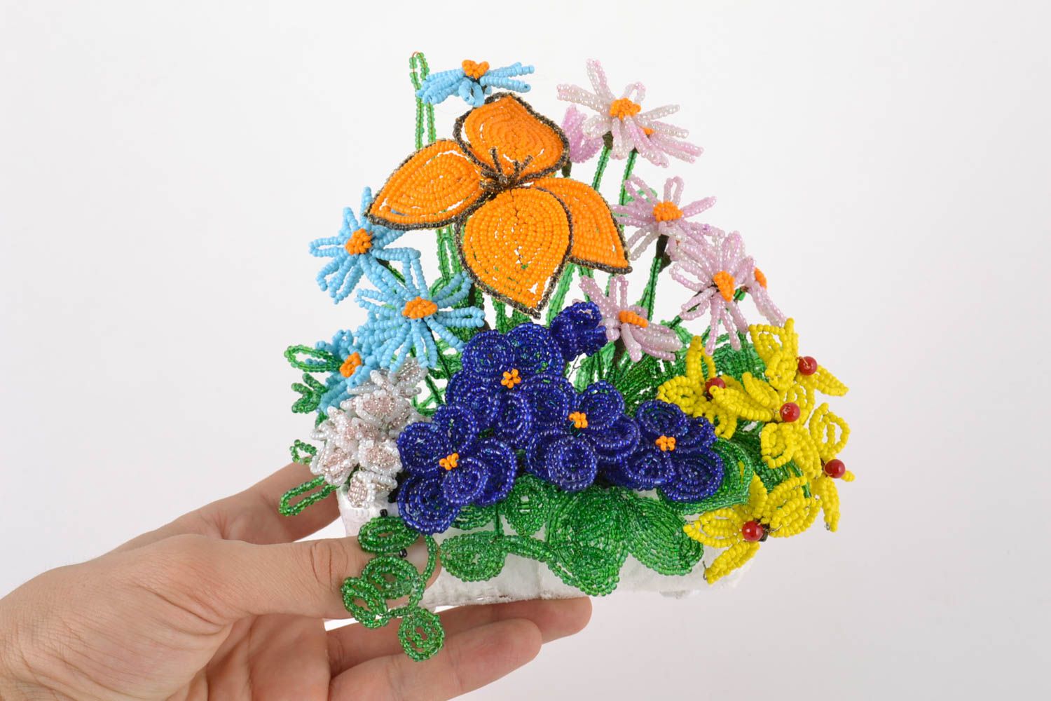Handmade decorative volume bouquet of colorful bright beaded flowers with stand photo 5