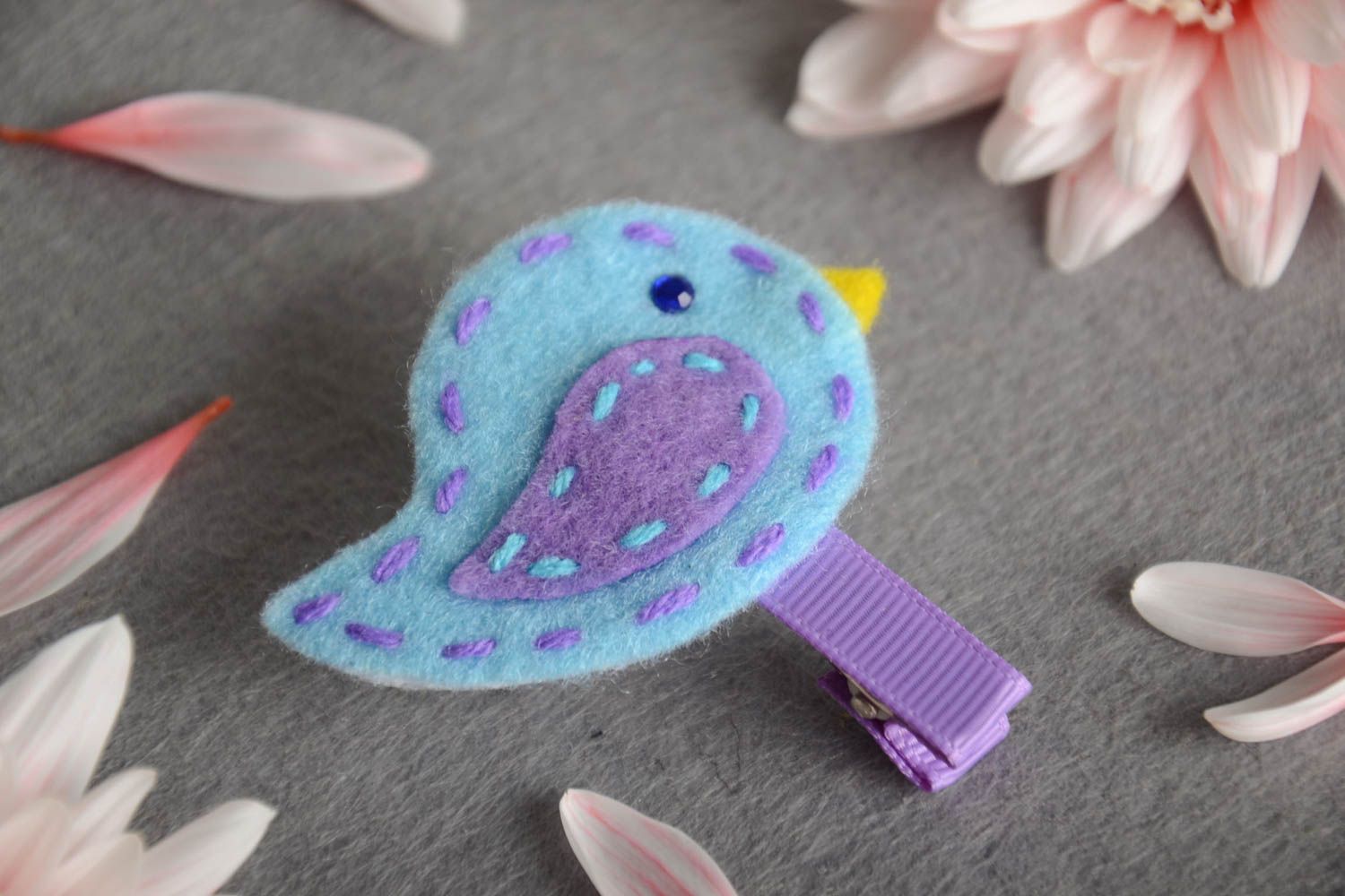 Beautiful soft handmade textile children's hair clip in the shape of blue bird photo 1