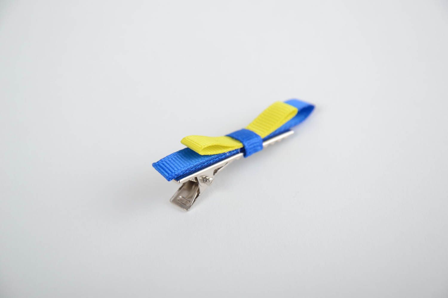 Yellow and blue handmade designer children's satin ribbon bow hair clip photo 4