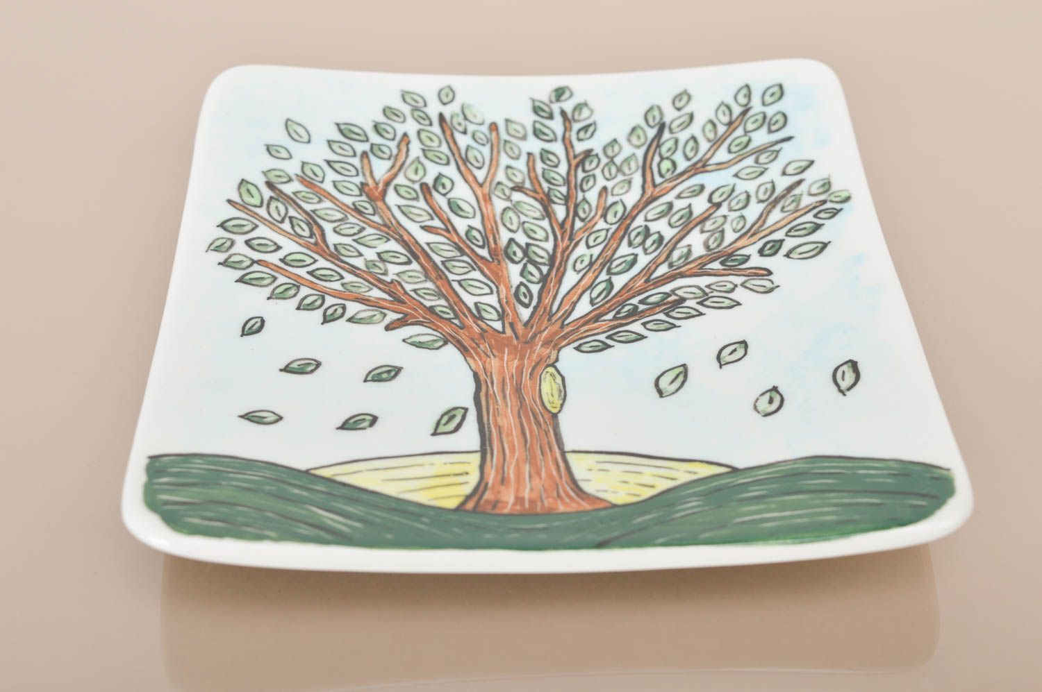 Handmade Deko Porzellanteller weiß Teller quadratisch originelles Geschenk Baum foto 2