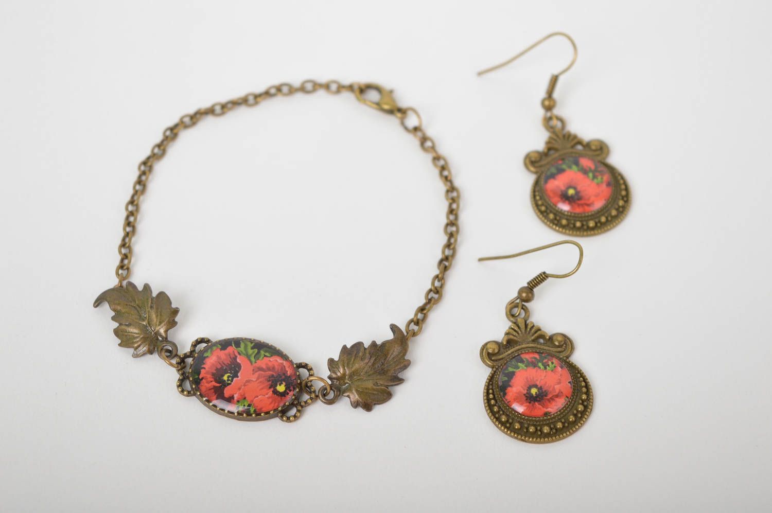 Handmade Damen Schmuck Set runde Ohrringe und Armband mit Blumen Mohnblumen foto 5