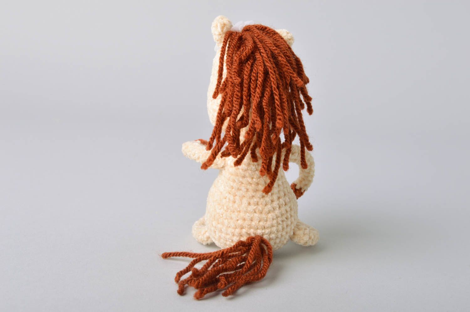 Handmade small soft toy crocheted of velour threads cute horse with brown mane photo 4