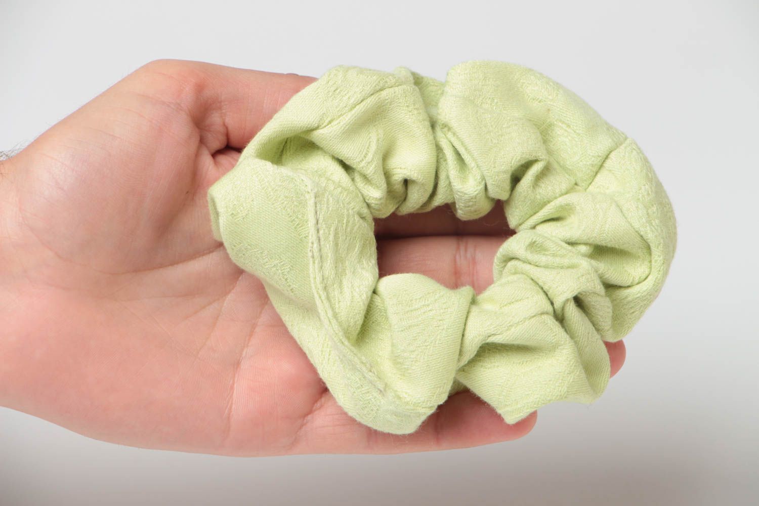 Unusual handmade beautiful cotton fabric hair tie of chartreuse color photo 5