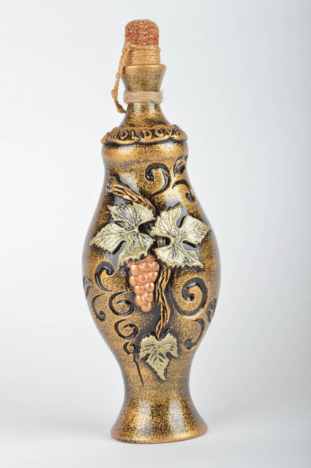 Bemalte schöne Ton Flasche mit Glasur Keramik Karaffe von Handarbeit in Braun foto 2
