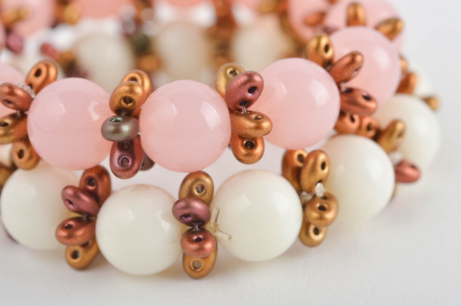 Pink and white handmade two-row beaded bracelet on elastic cord for women and girls photo 4