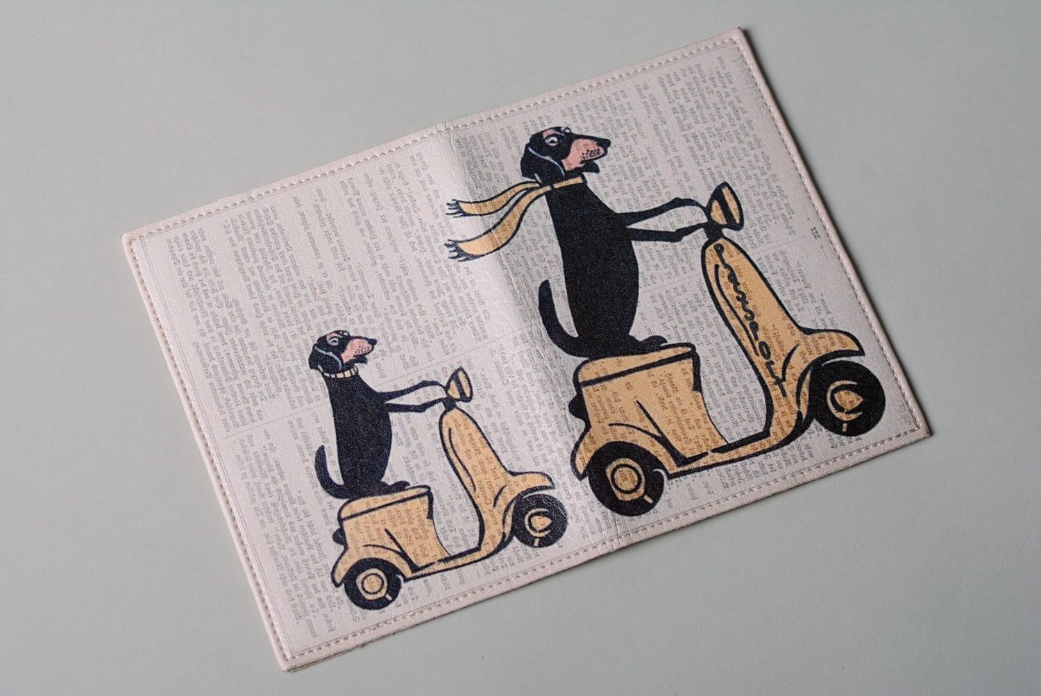 Handmade leather passport cover Dog Riding Moped photo 2