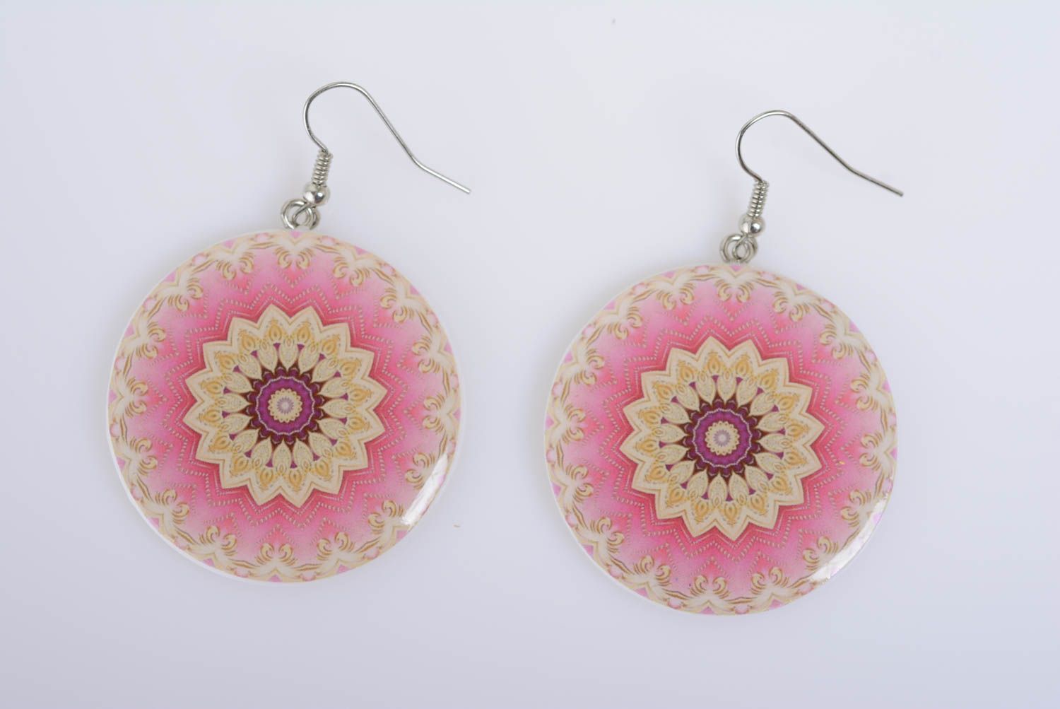 Bright pink earrings made of polymer clay with decoupage handmade jewelry photo 5