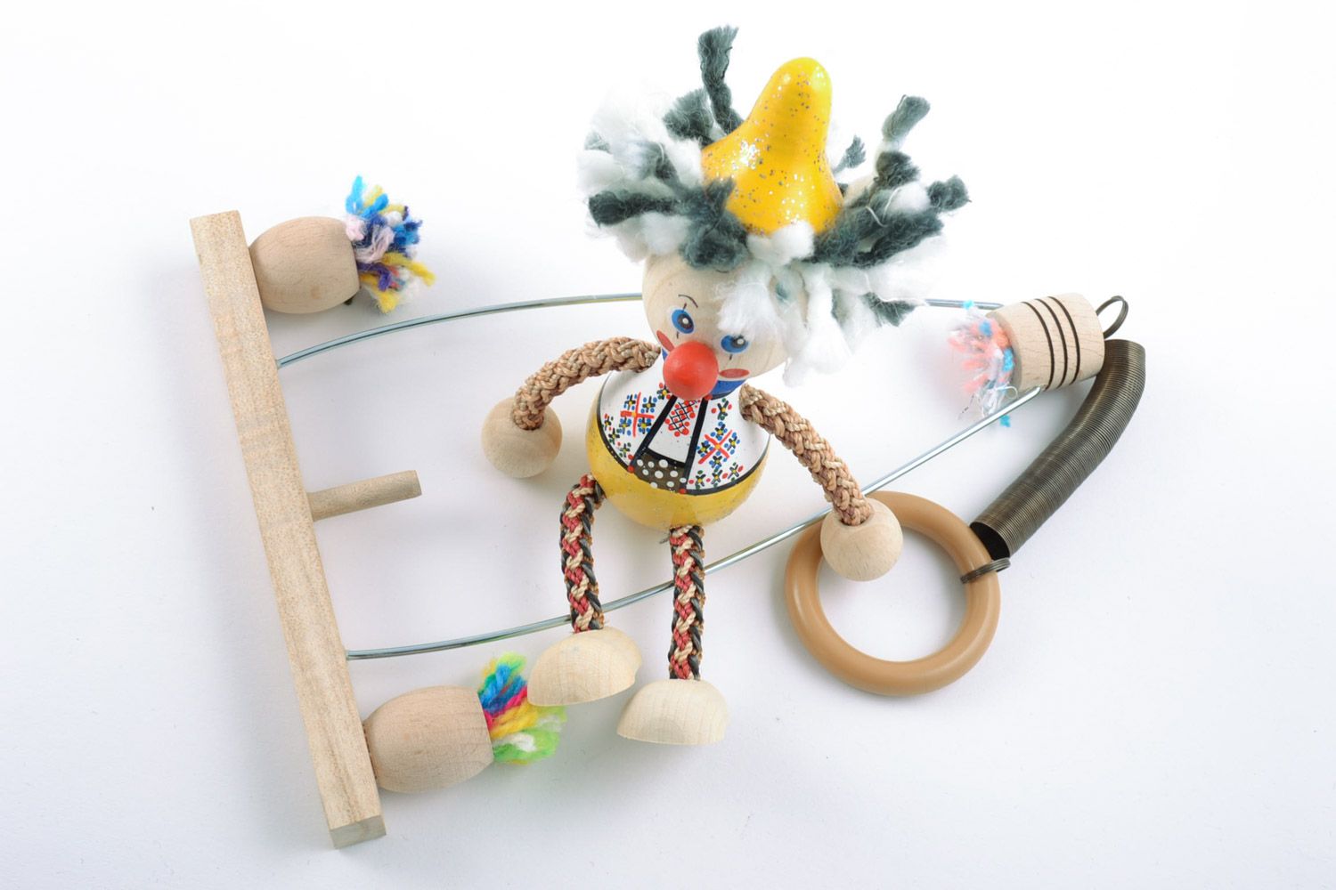 Handmade eco friendly painted varnished wooden toy cute clown on swing for kids photo 4