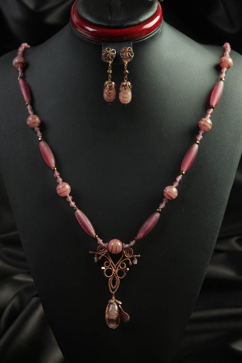 Handmade metal pendant metal earrings bead necklace wire wrap jewelry set photo 1
