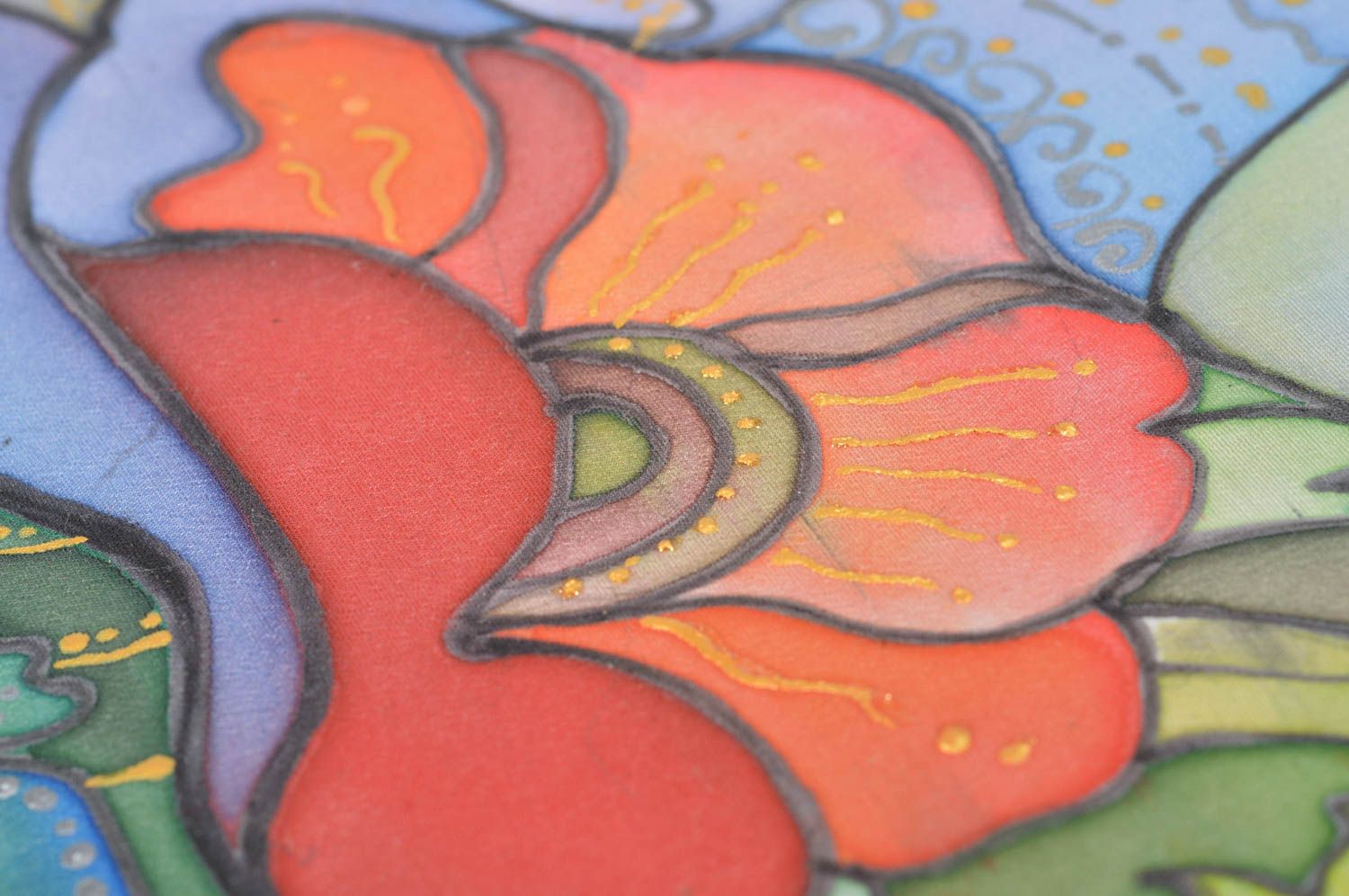 Beautiful handmade modern cold batik painting on fabric Girl and Poppies photo 5