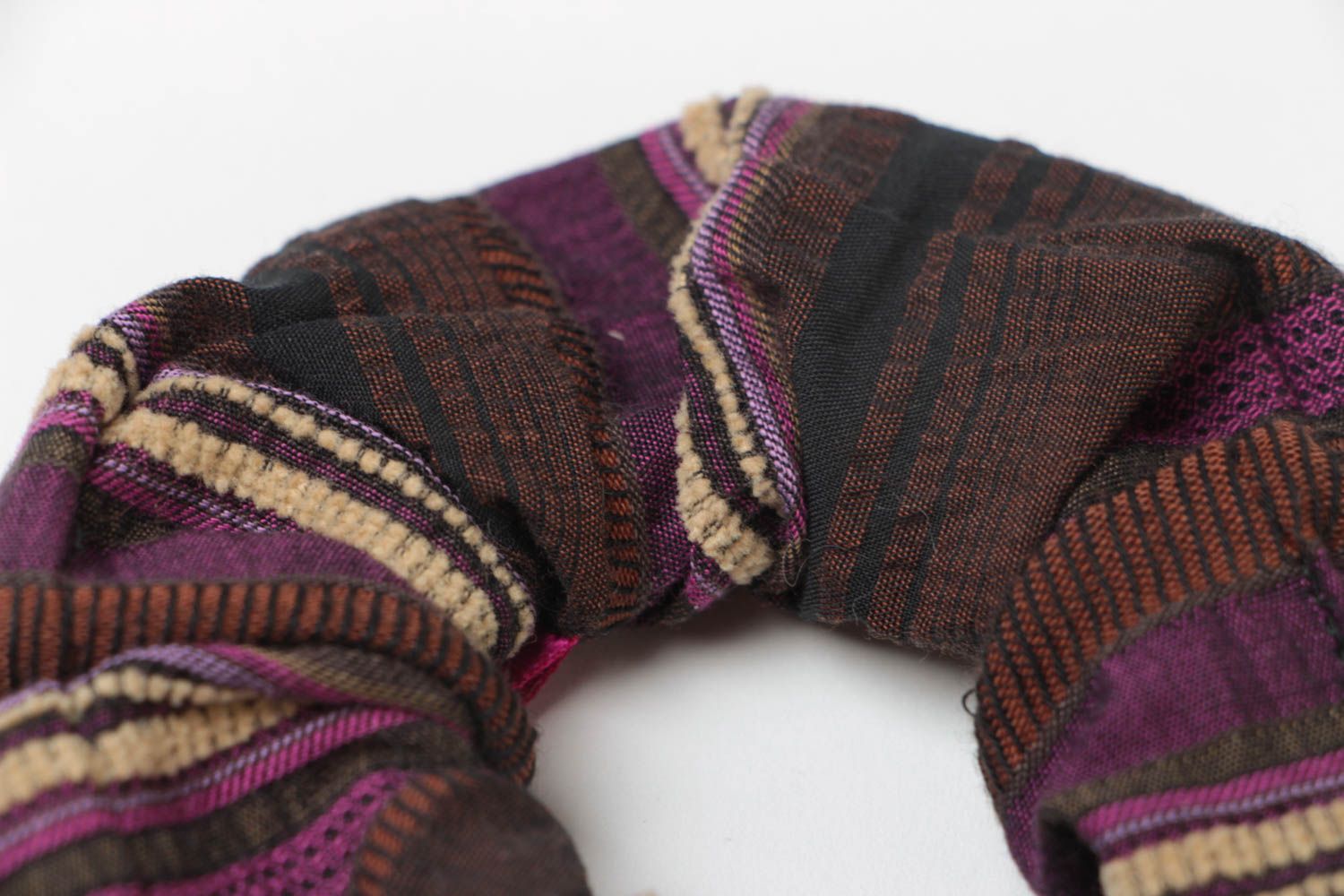 Handmade decorative elastic hair band sewn of dark striped brown fabric photo 4