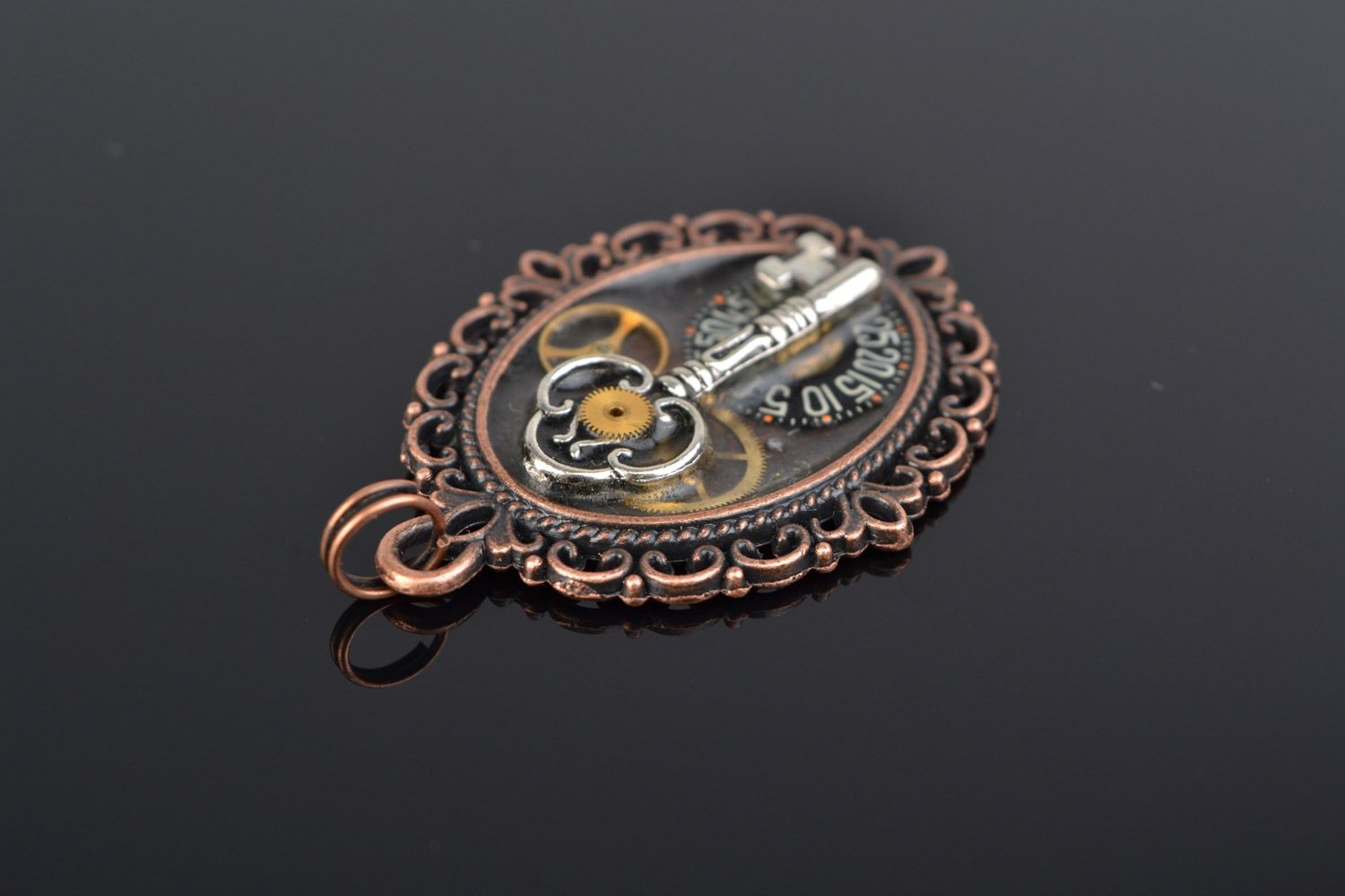 Handmade designer oval metal pendant with key in steampunk style for women photo 1