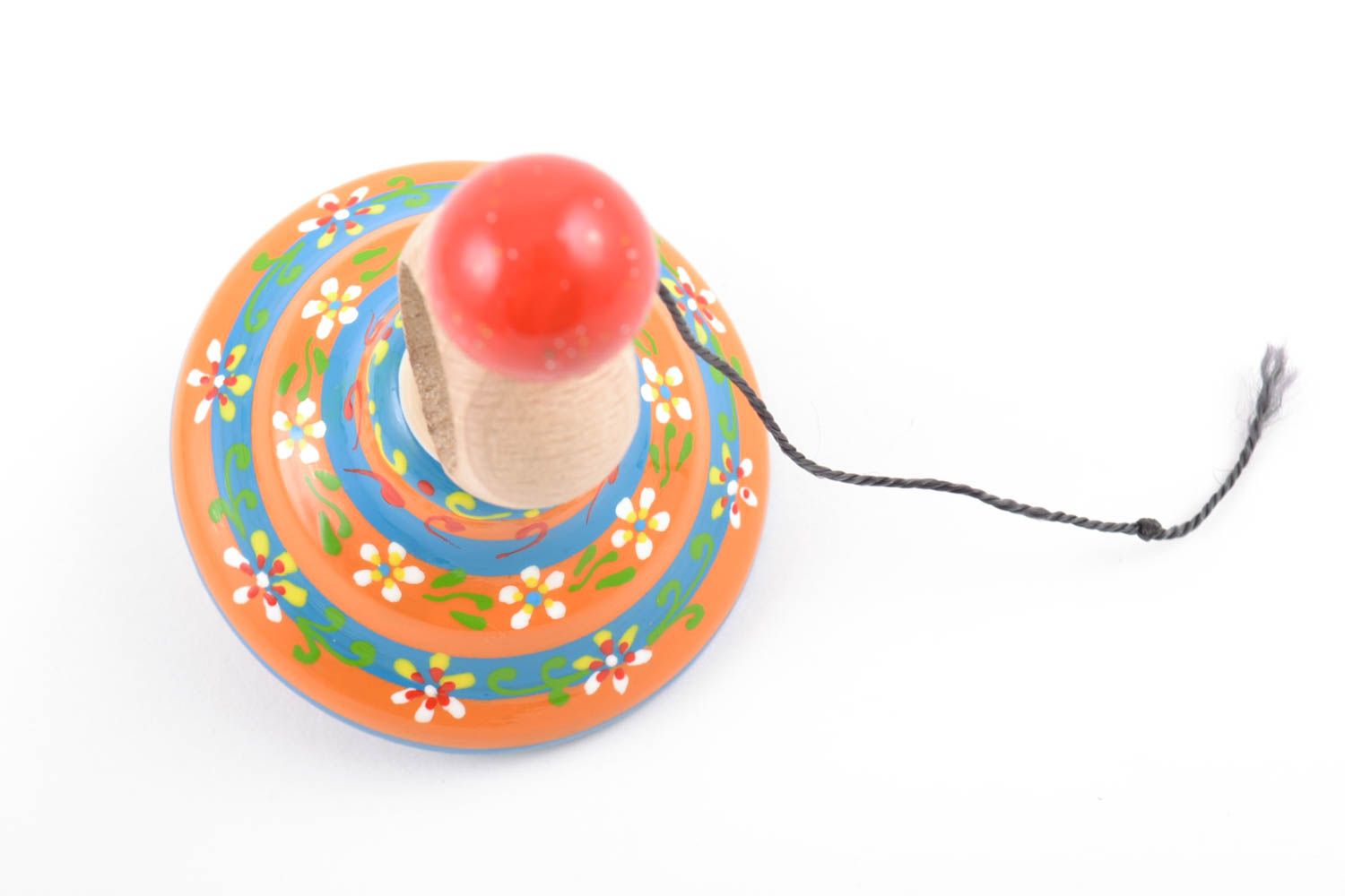 Striped painted eco wooden spinning top with ring and string handmade toy photo 5