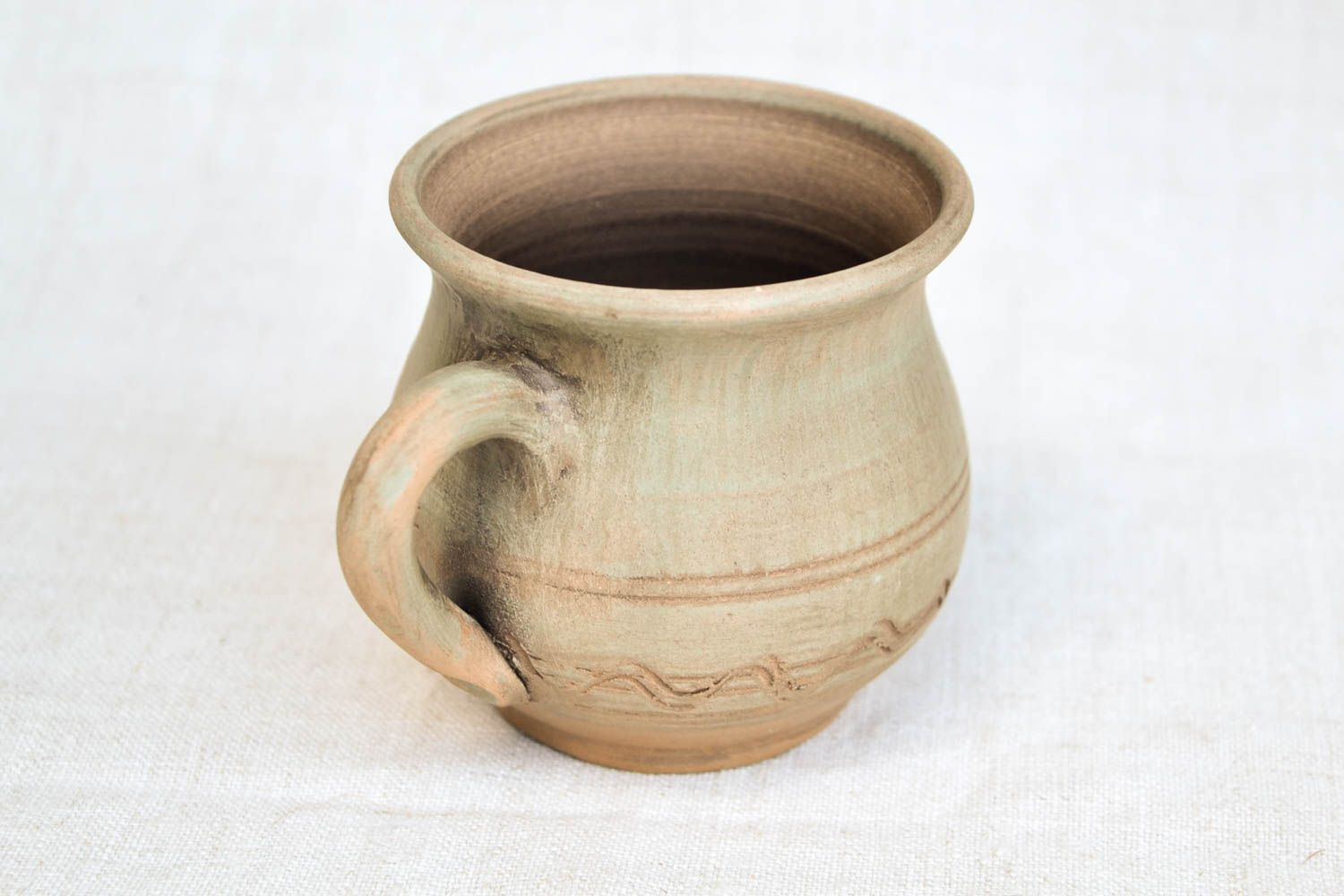 Clay 6 oz drinking cup in olive color and pitcher shape style with handle photo 5