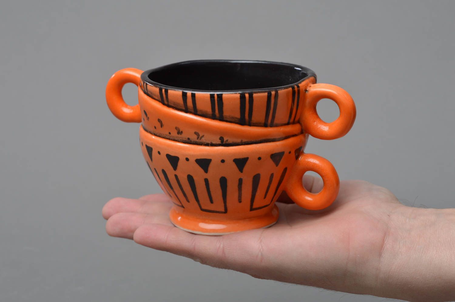  Orange porcelain cup with 3 three handles and Mayan patterns photo 4