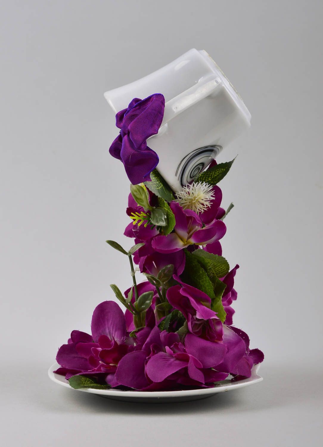 Topiario artificial taza con flores lilas elemento decorativo regalo original foto 4