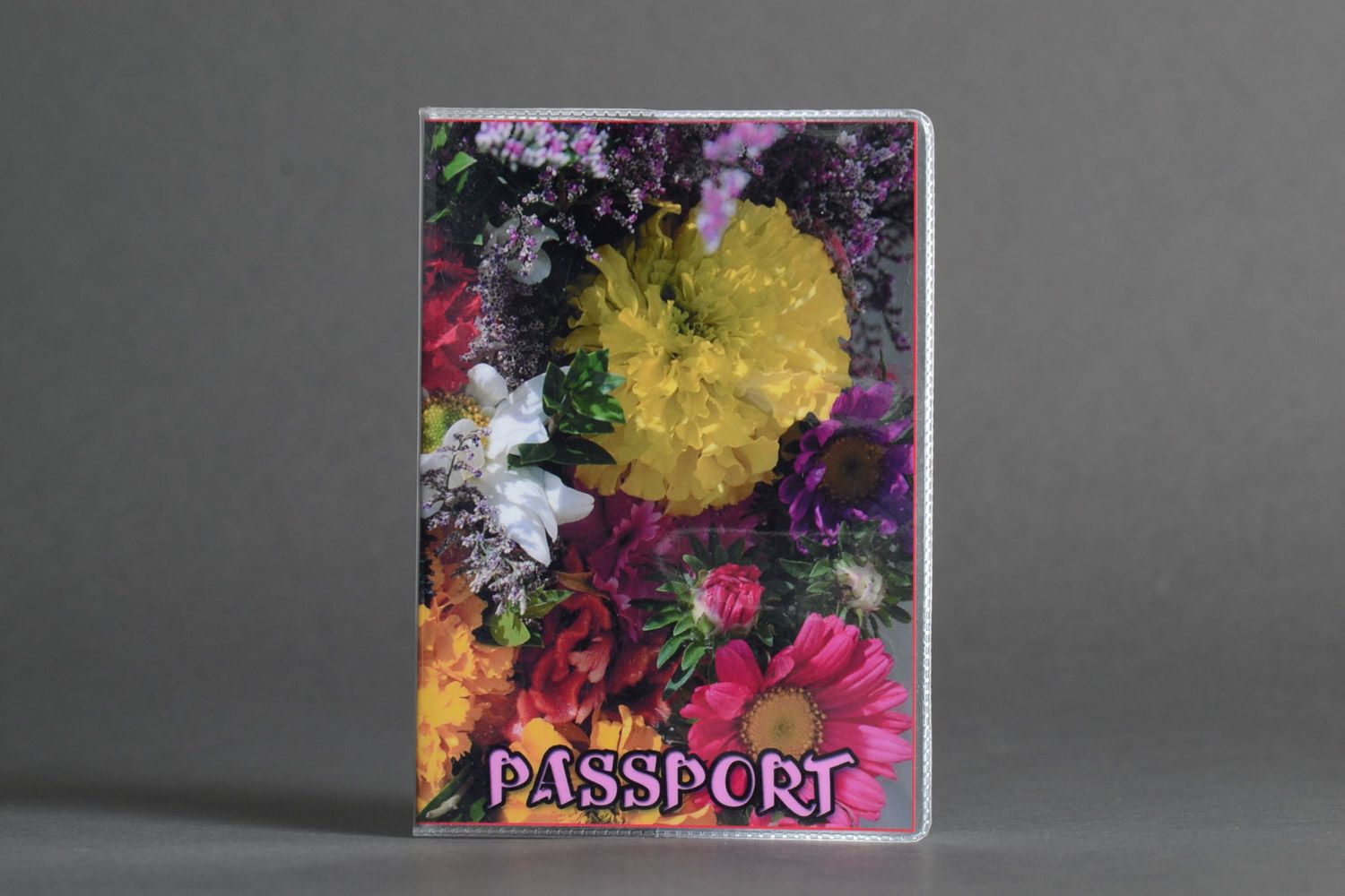 Handmade plastic passport cover with saturated colored floral photo print photo 1