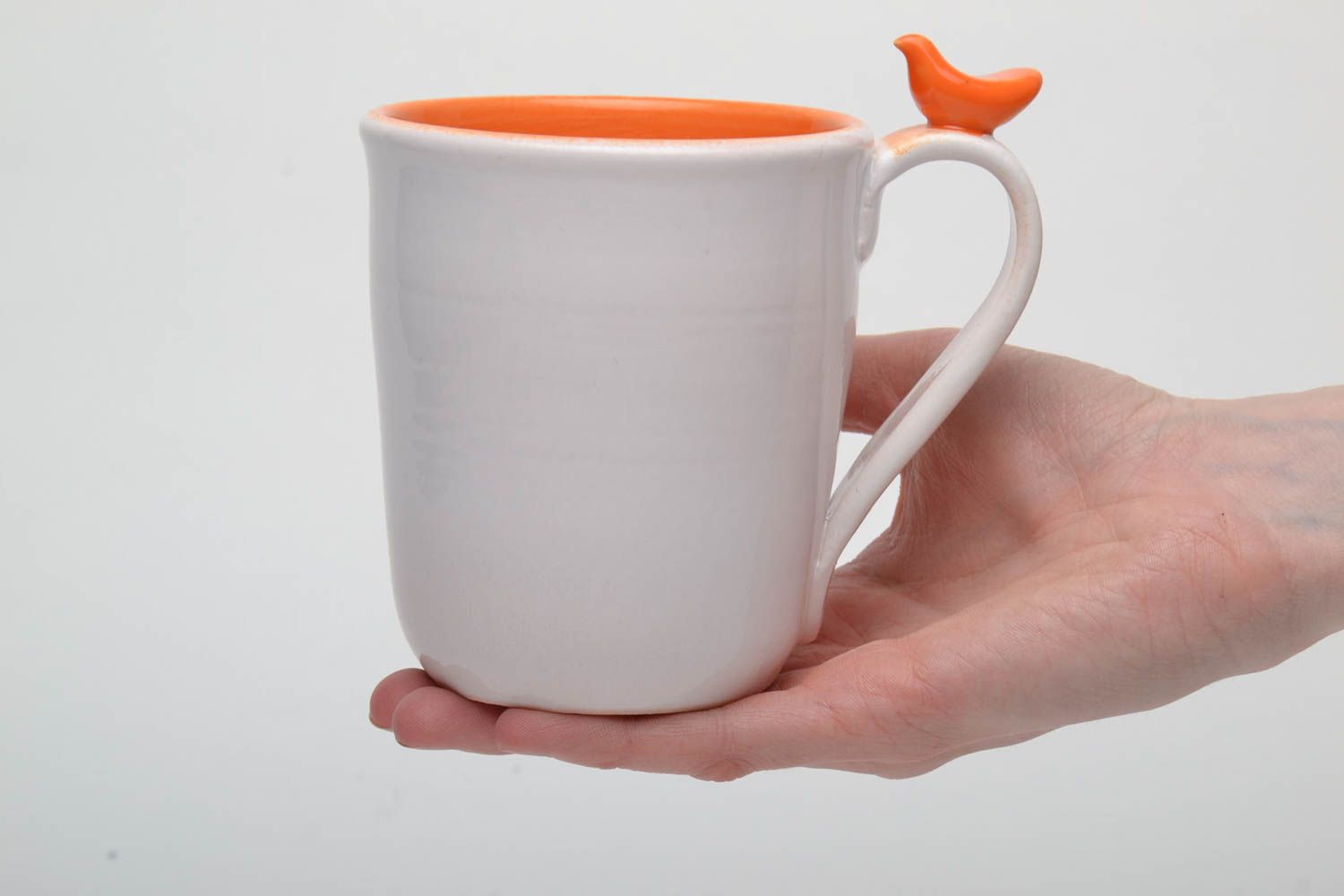 White ceramic porcelain drinking 8 oz cup with handle and orange color inside photo 5