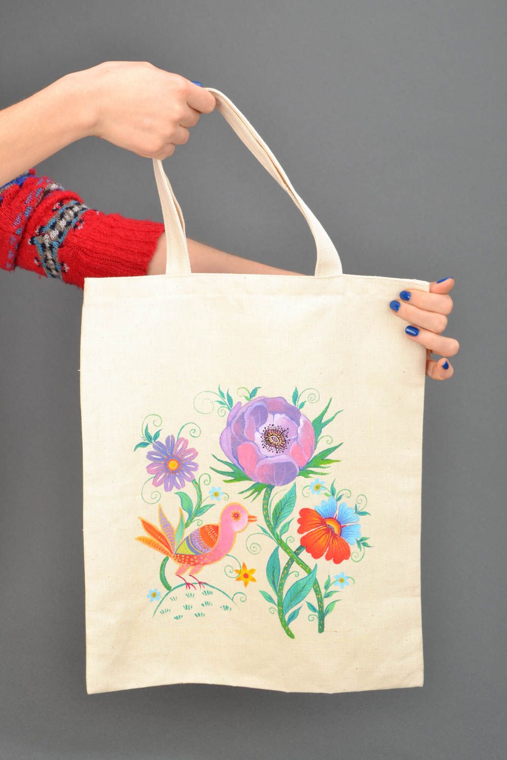 Textile, cotton white shoulder bag with floral design  photo 2