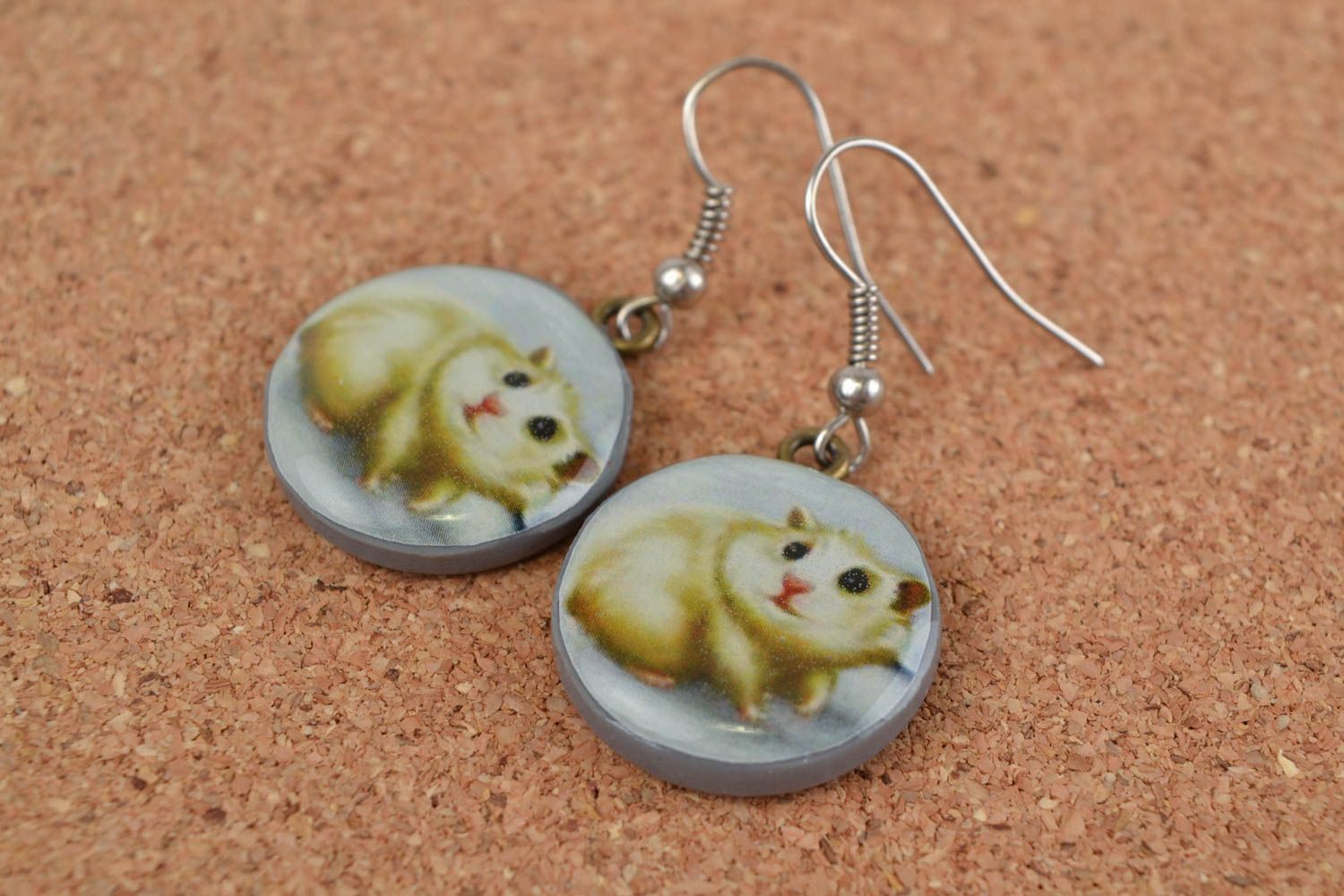 Beautiful homemade designer round plastic earrings with decoupage Hamsters photo 1