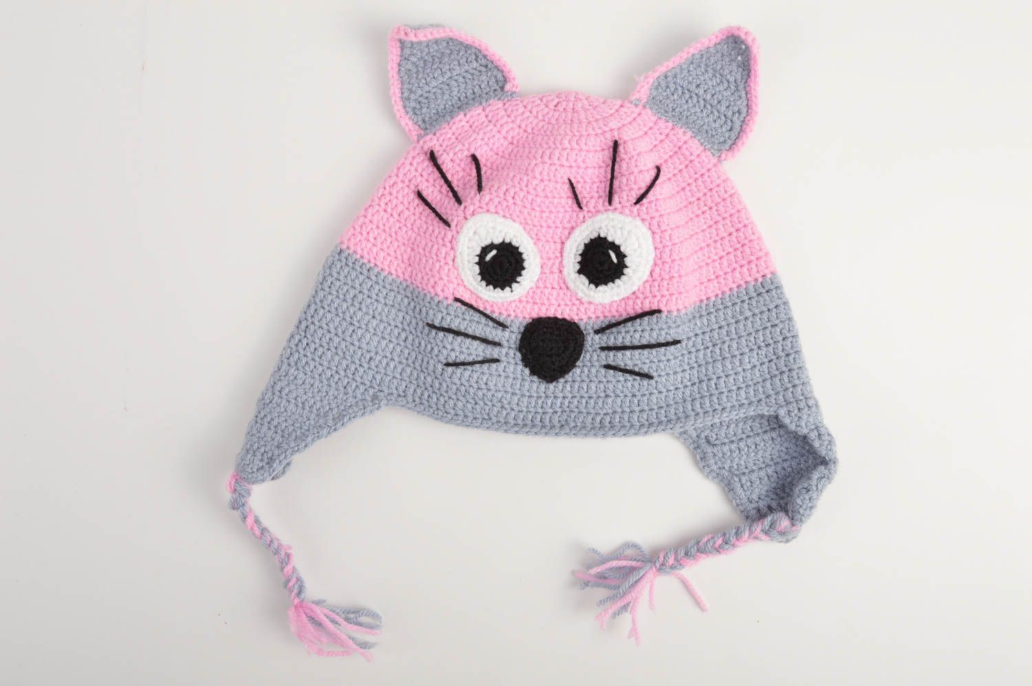 Handgefertigt gehäkelte Kindermütze modisches Accessoire Mütze Katze rosa grau foto 3