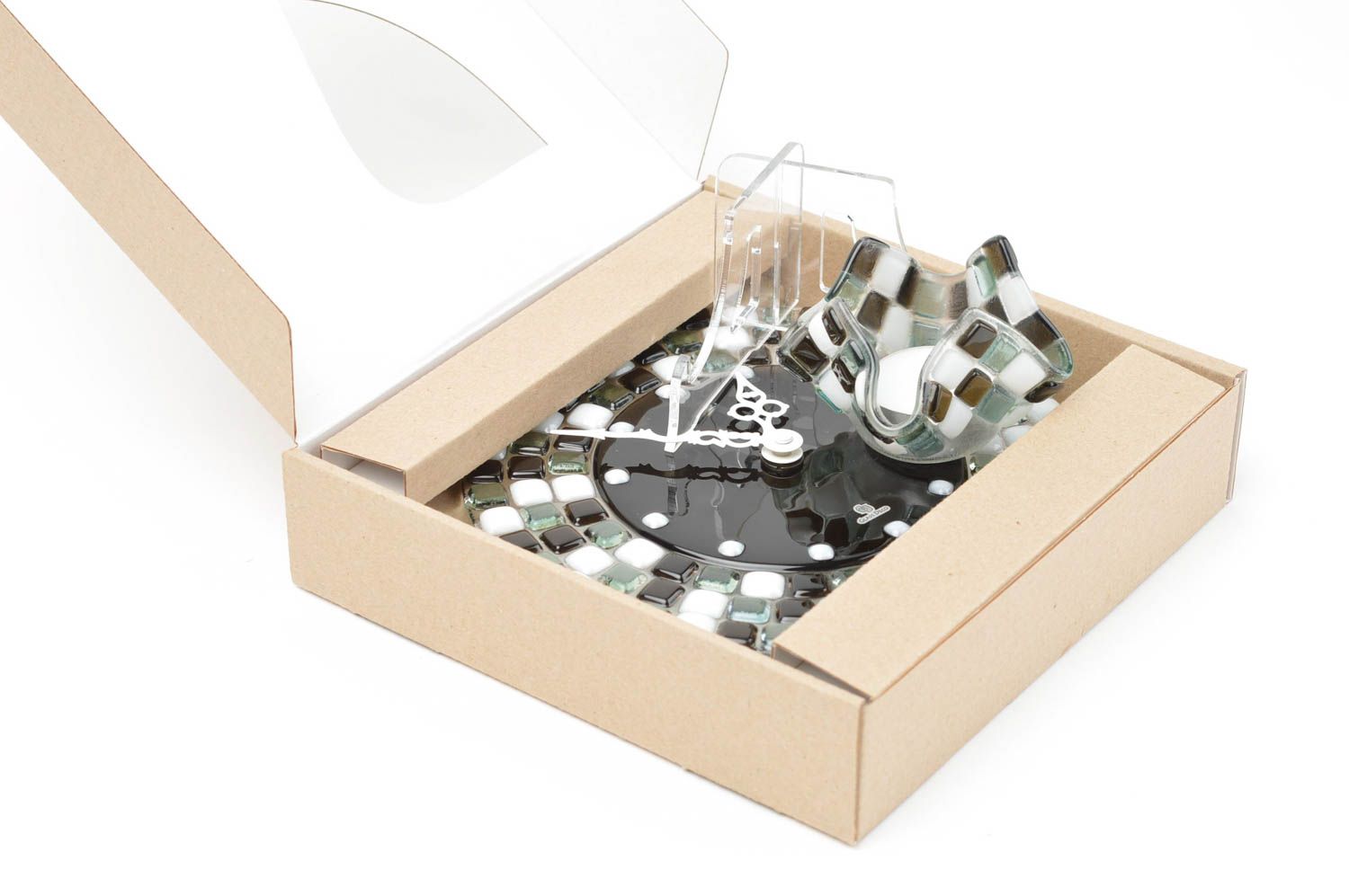 Handmade Geschenke Set Wanduhr aus Glas Teelicht Kerzenhalter schön bunt grell foto 3