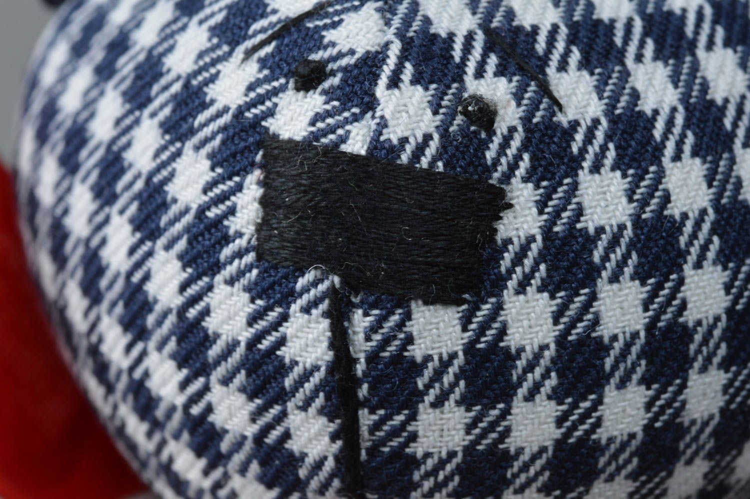 Handmade black and white checkered fabric soft toy bear with red umbrella and bow photo 2