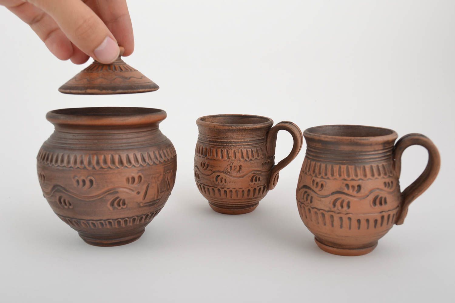 Beautiful handmade designer ceramics set 2 cups 200 ml and 150 ml and sugar bowl photo 2