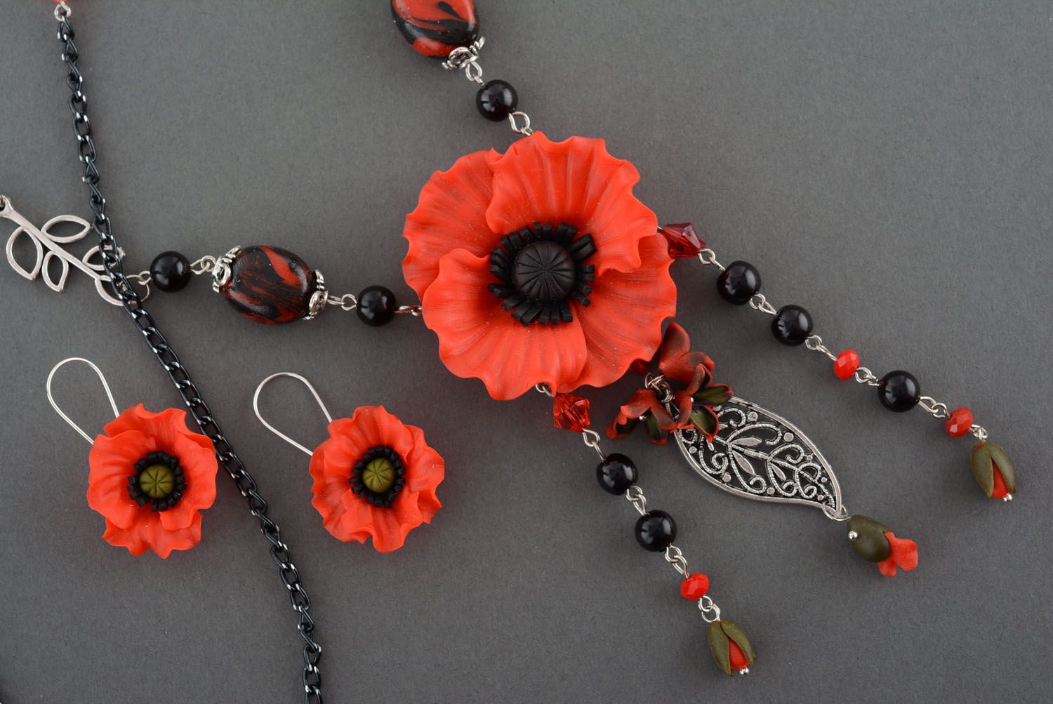 Set of polymer clay jewelry Poppies photo 2