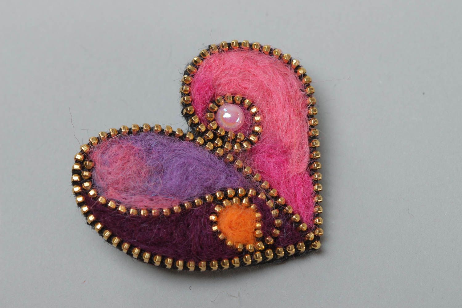 Bright brooch with zipper decor made of felted wool Heart present for girl photo 2