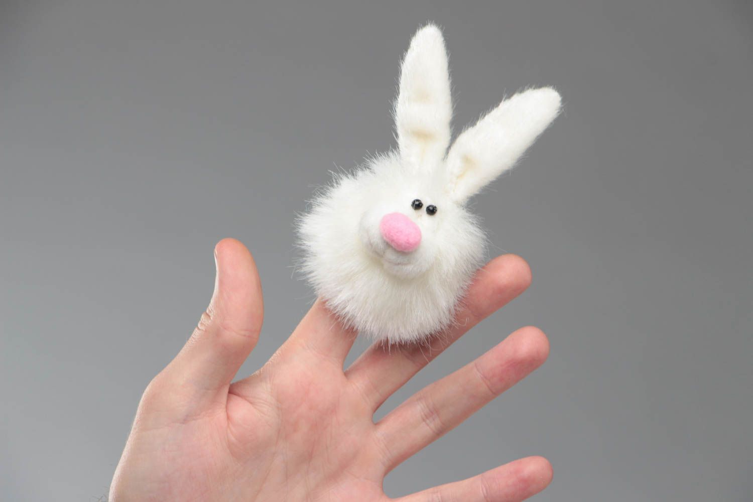Handmade small faux fur soft toy animal finger puppet white fluffy rabbit photo 5