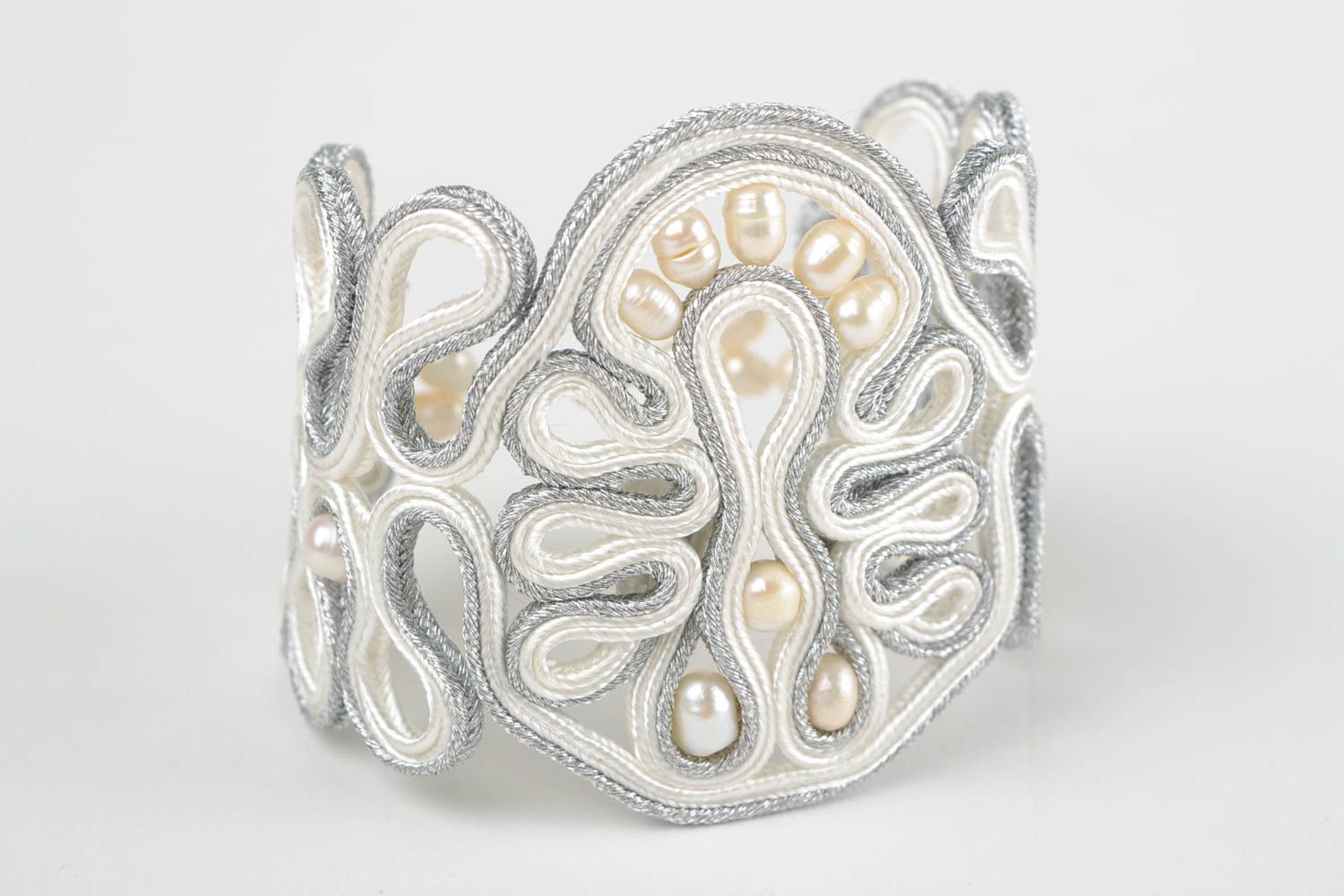Light festive handmade designer women's soutache bracelet with river pearl photo 3