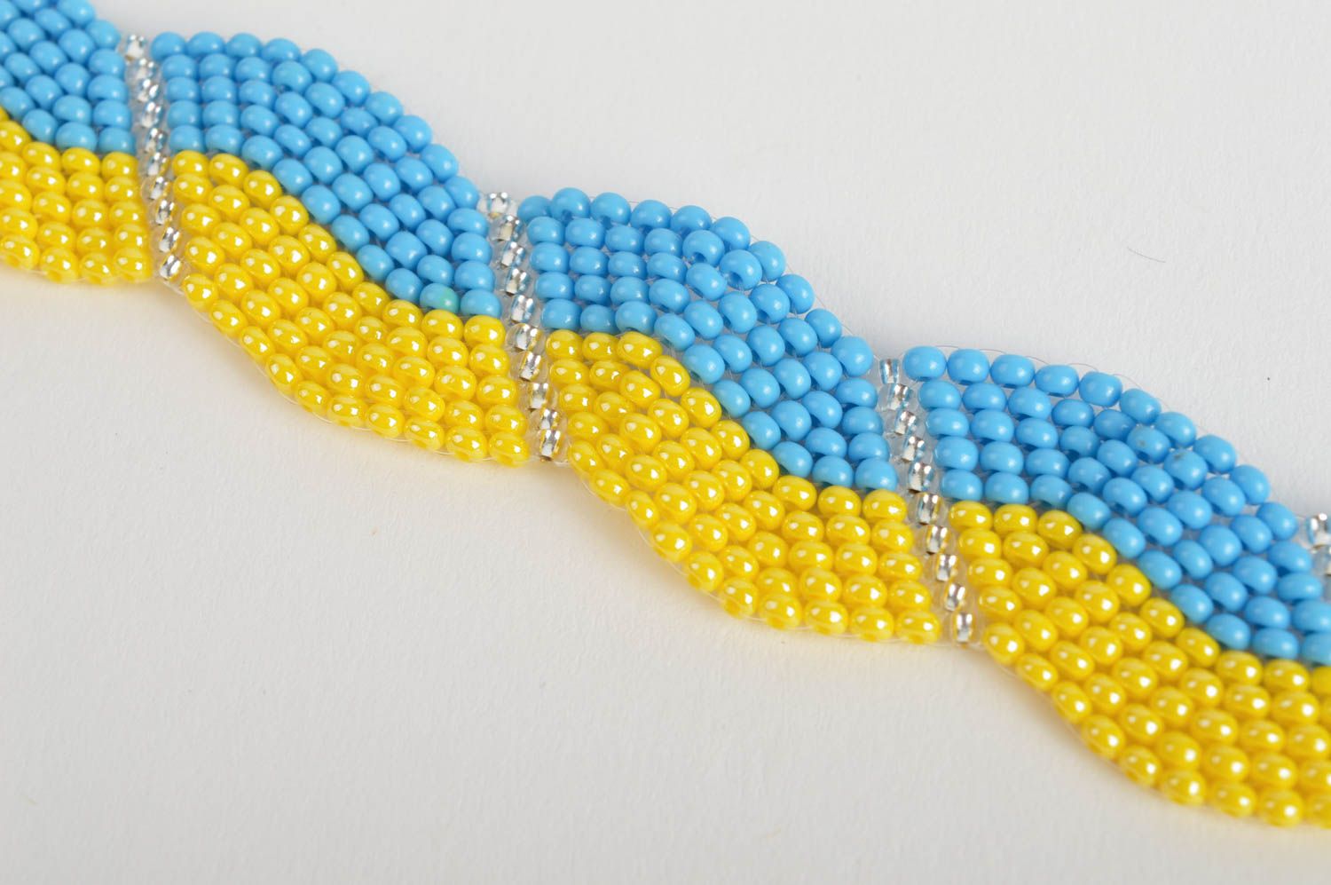 Handmade designer yellow and blue bead woven wide cuff wrist bracelet for women photo 4