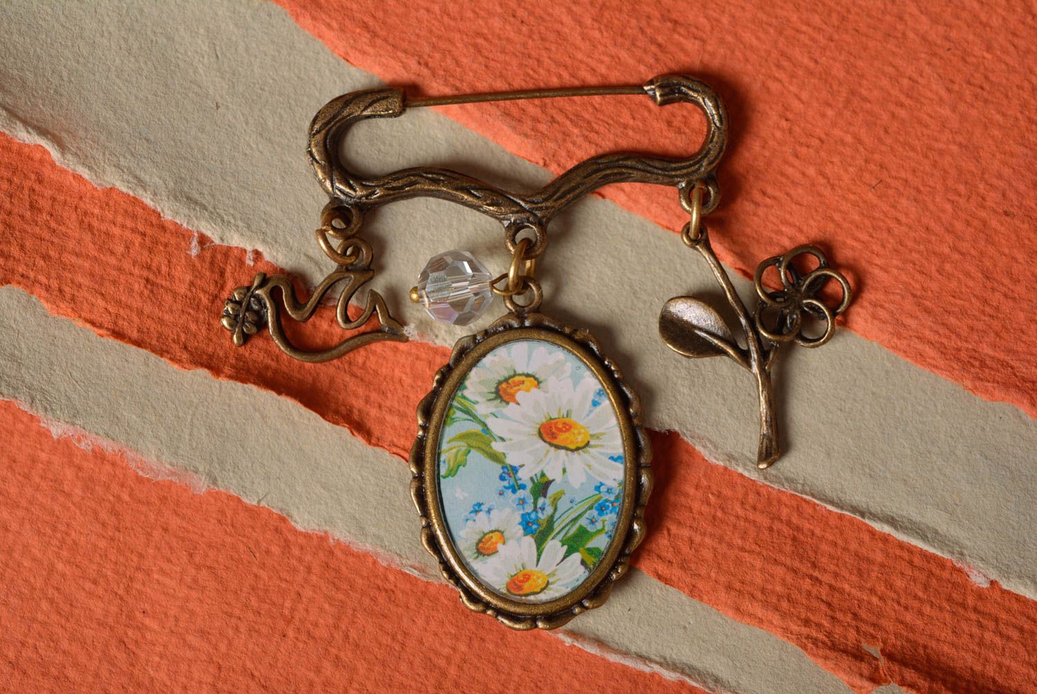 Beautiful handmade designer decoupage brooch with print coated with epoxy photo 3