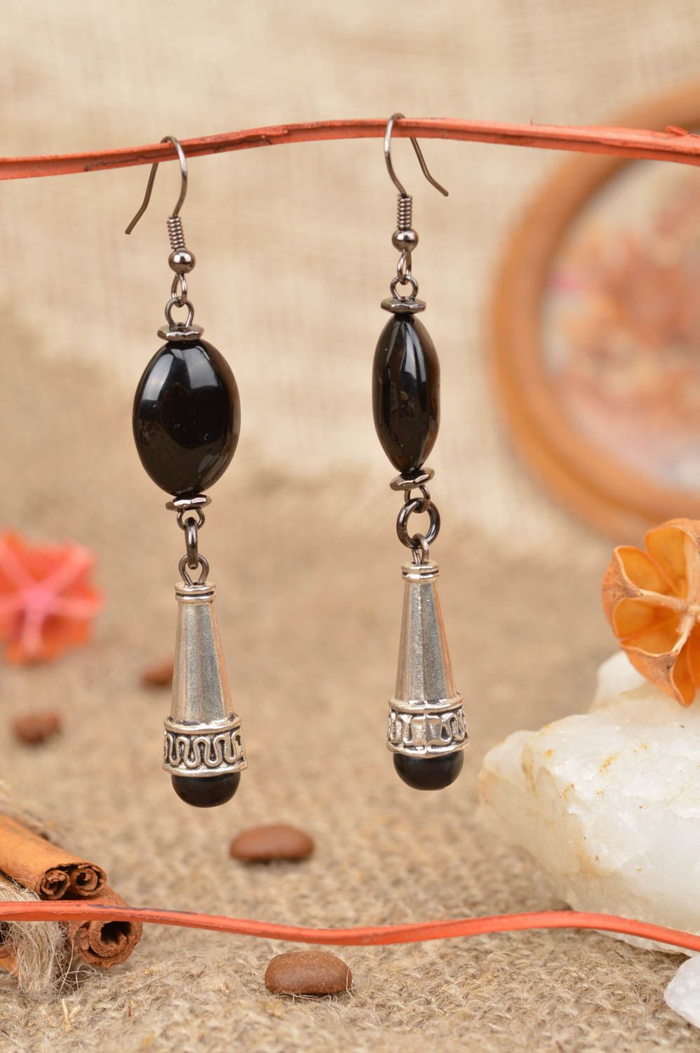 Handmade beautiful stylish long metal earrings with black beads photo 1