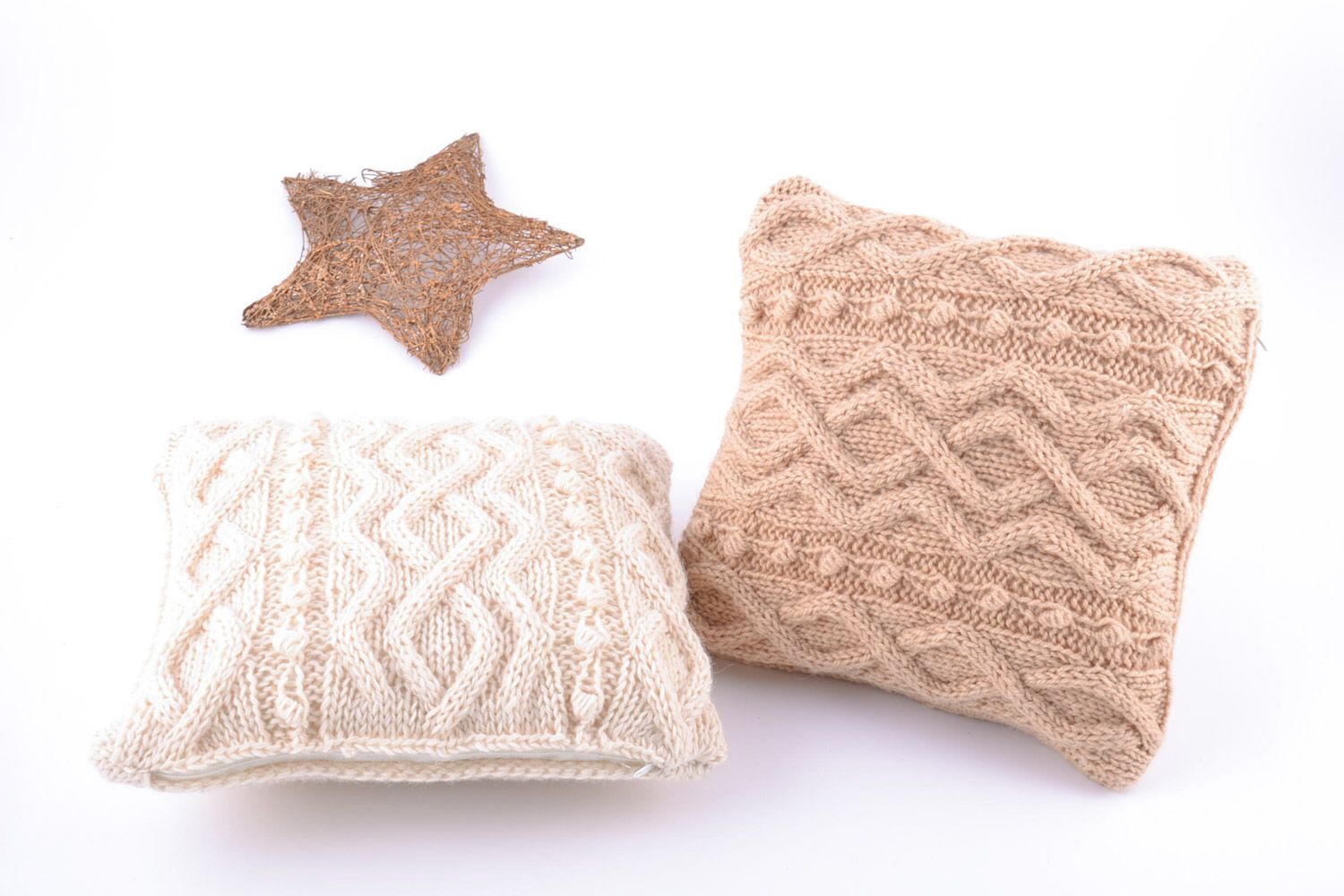 Set of light beige handmade semi-woolen knitted accent pillow cases 2 items photo 1