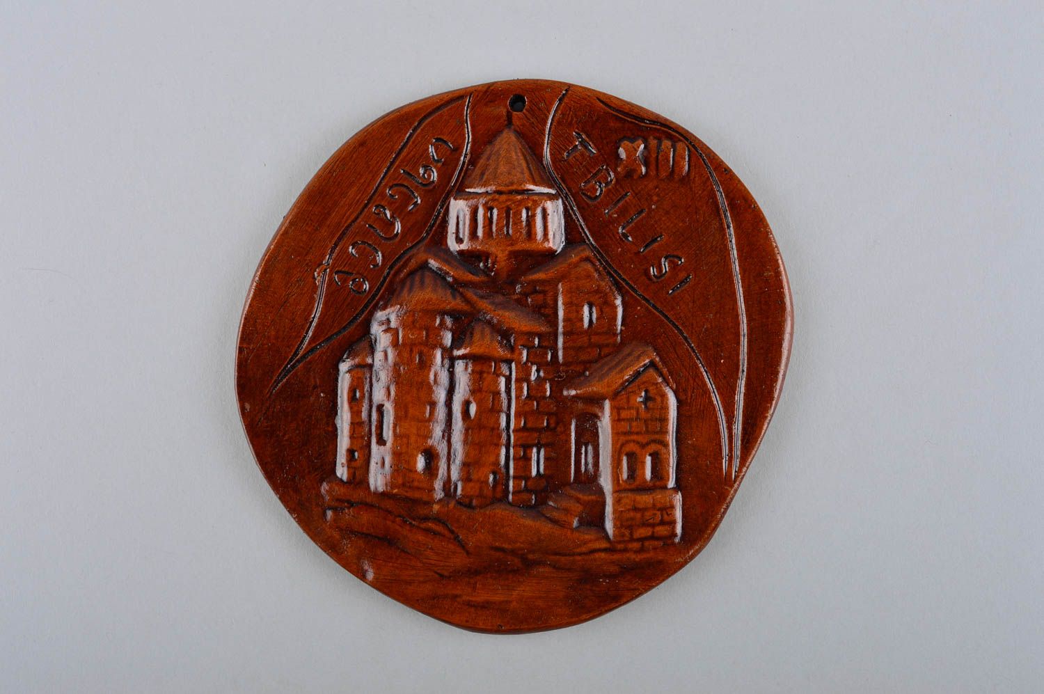 Tableau déco fait main Tableau rond céramique marron Cadeau original Église photo 2