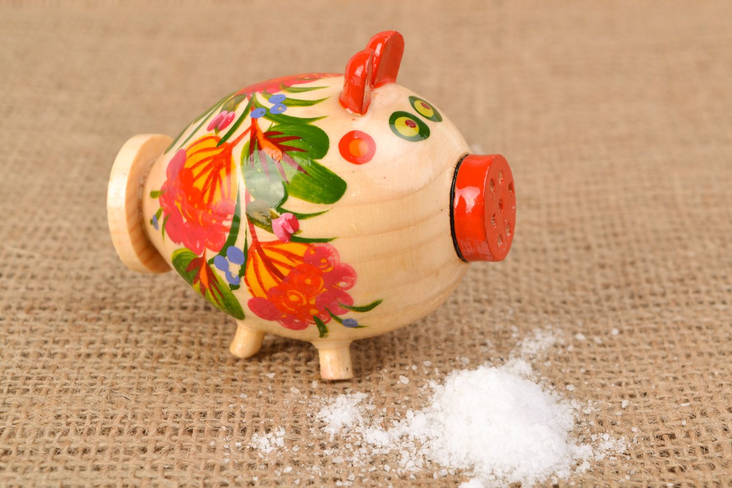 Handmade wooden salt cellar in the shape of pig painted in Petrikivka style photo 1