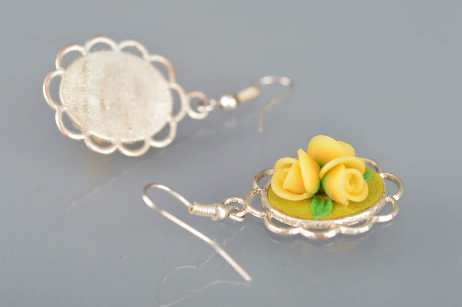 Polymer clay handmade designer yellow earrings with flowers summer accessory photo 4