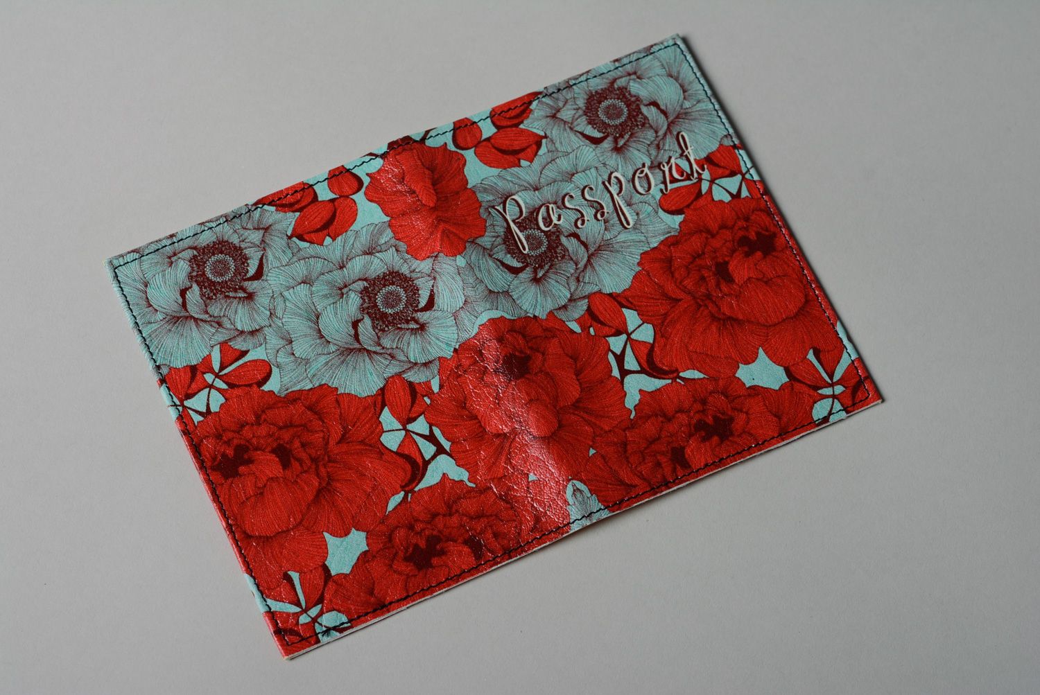 Handmade designer leather passport cover with flower print photo 2