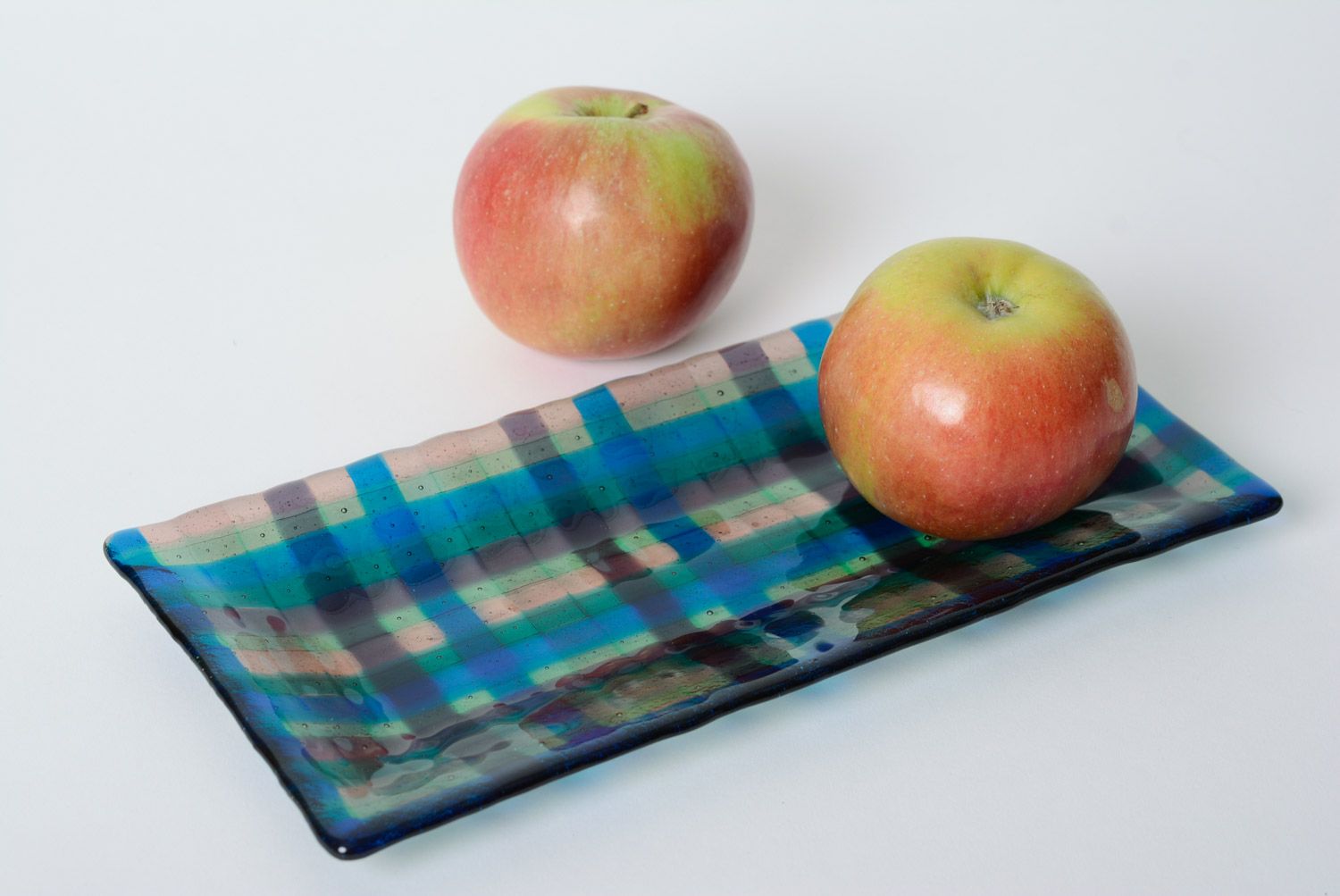 Assiette rectangulaire en verre fusing à carreaux faite main multicolore photo 1