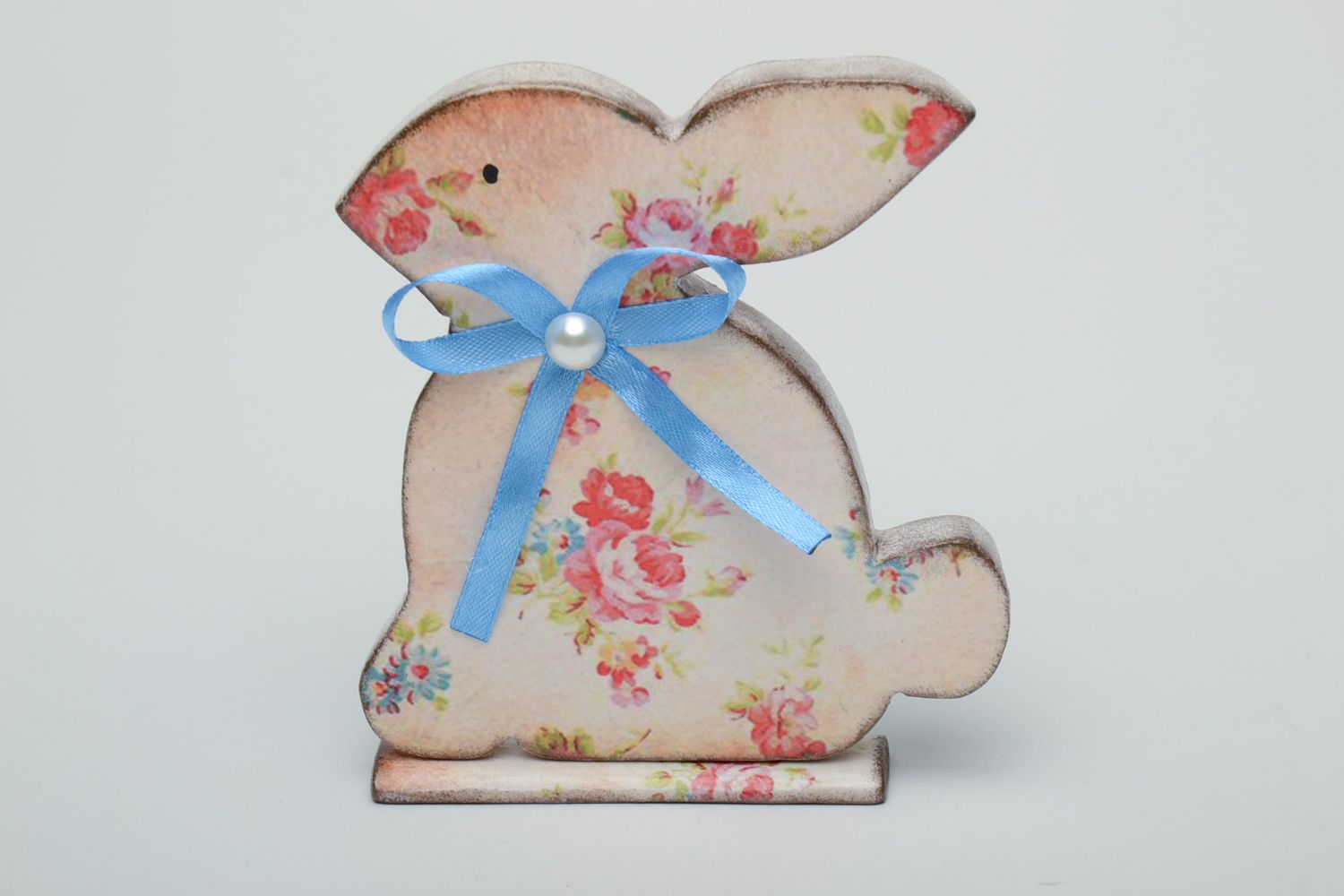 Easter decoupage wooden figurine of rabbit with floral print photo 2