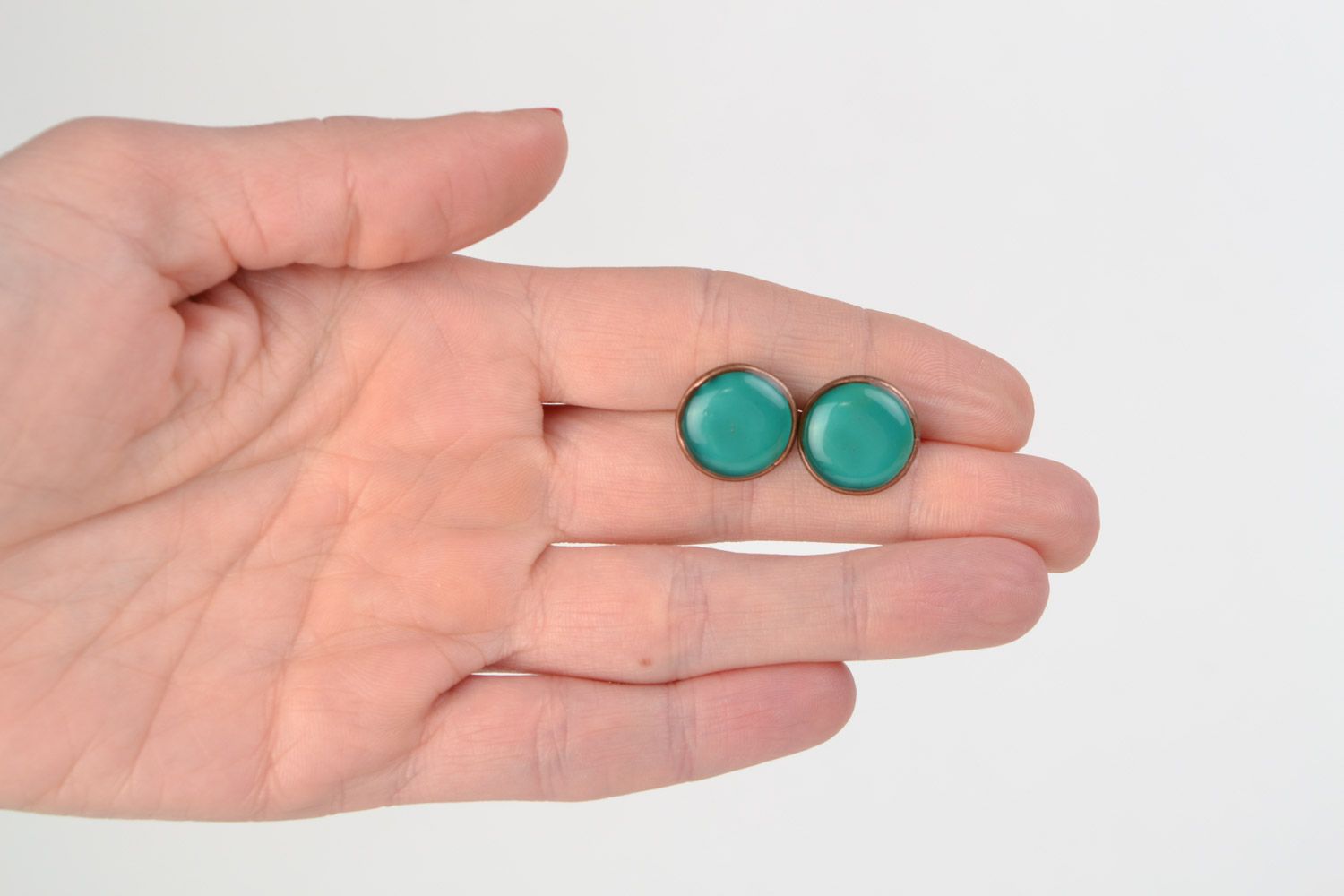 Handmade small tender stud earrings with jewelry glaze of turquoise color photo 2