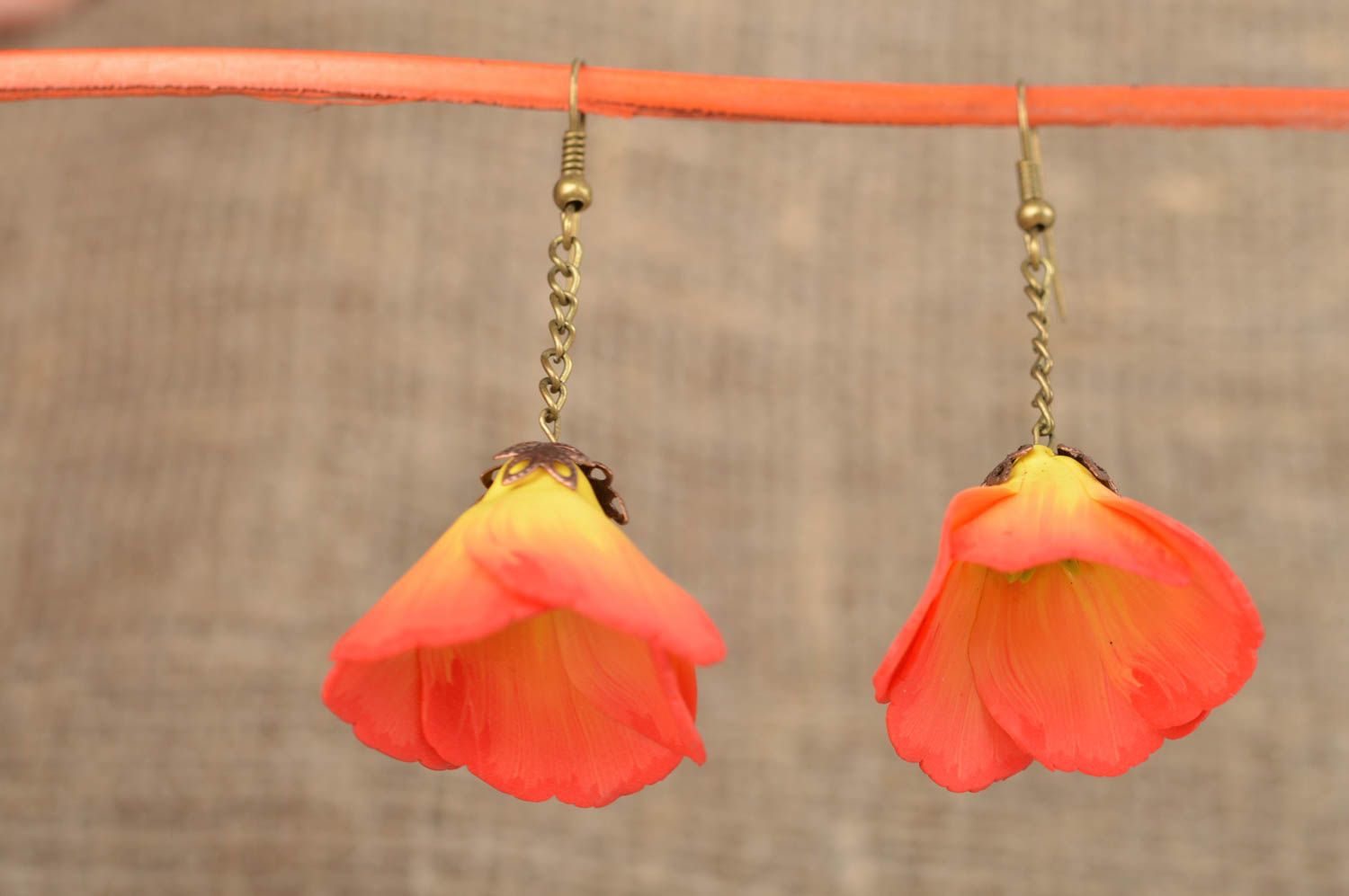 Polymer clay handmade designer long earrings with orange flowers summer jewelry photo 1