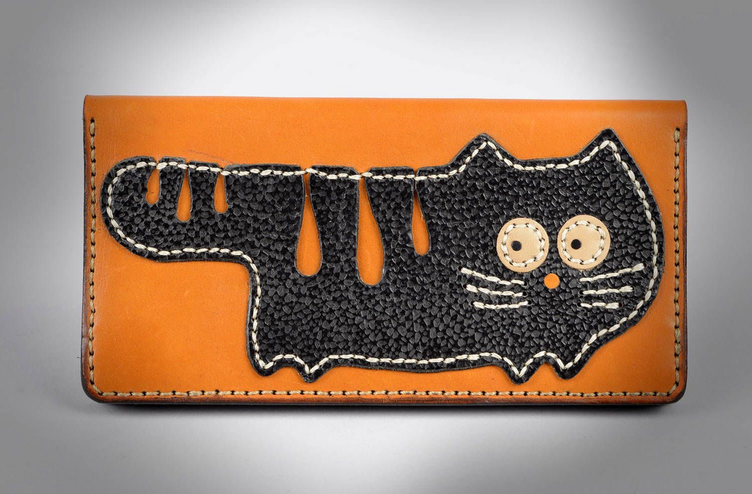 Portefeuille cuir Accessoire femme fait main orange chat noir Cadeau original photo 5