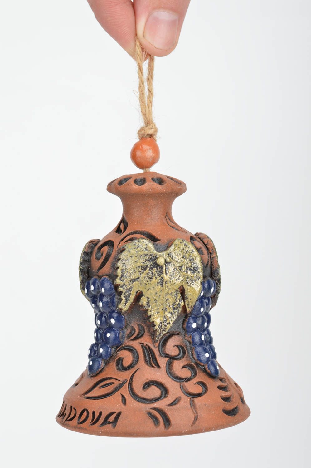 Cloche à vent en céramique marron peinte décorative originale faite main photo 3