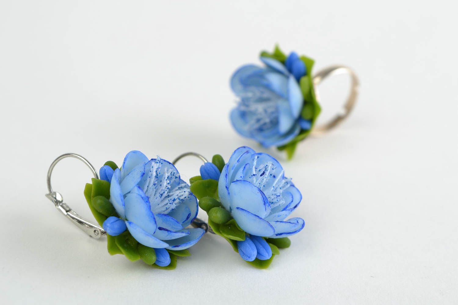 Blumen Schmuck Set aus Porzellan in Blau Ohrringe und Ring schön handgemacht foto 4