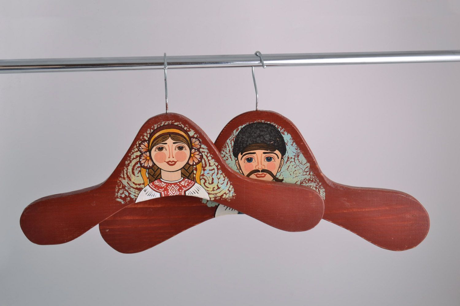 Handmade decorative wooden clothes hangers painted with acrylics 2 items photo 1